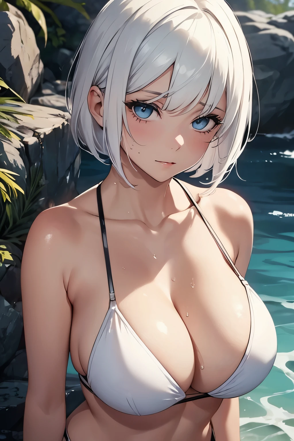Beautiful girl, white hair, short bob, bikini, wet skin, sweat, , cleavage, s