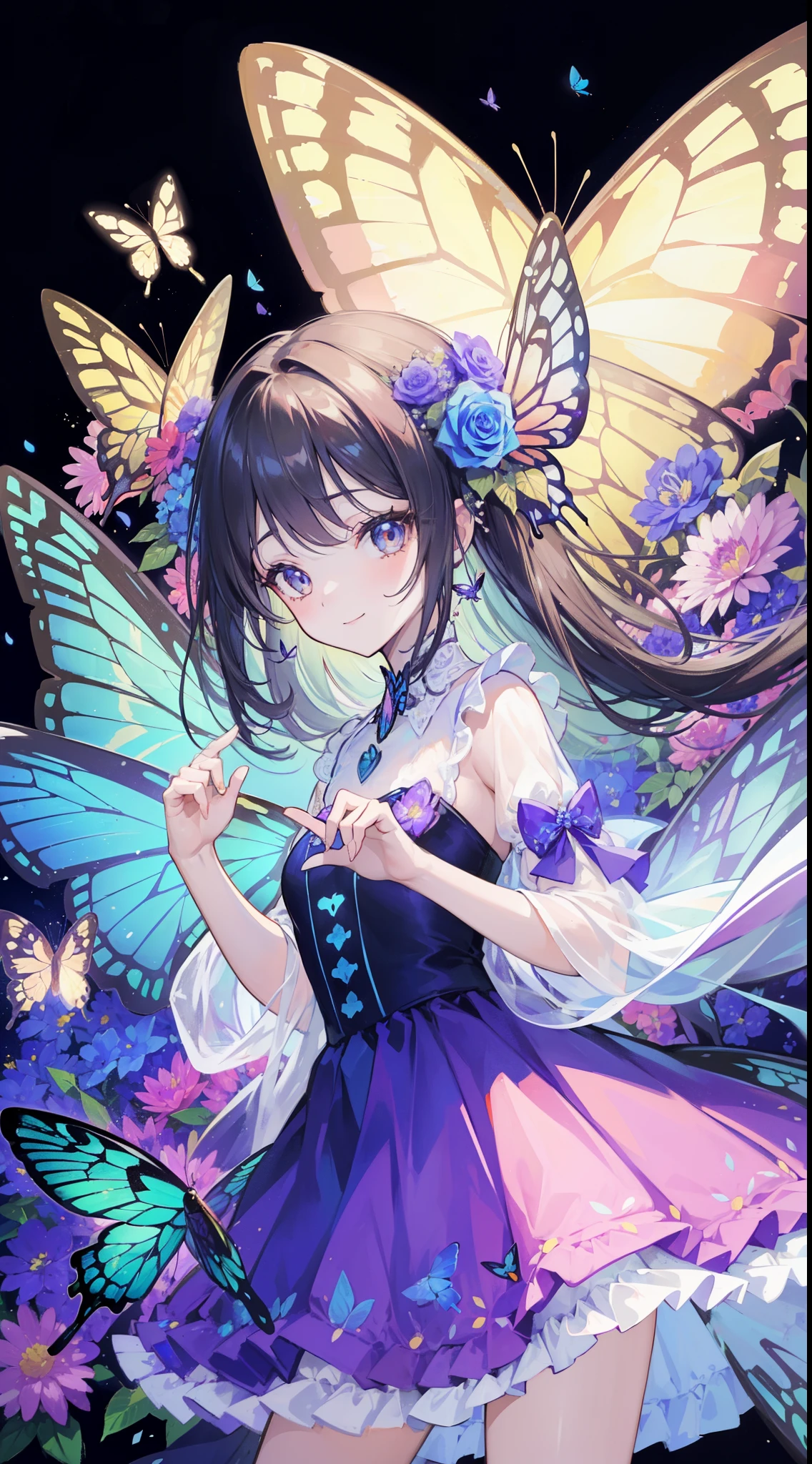 (32k), (beautiful cute girl), (butterfly ornament), (butterfly dress), ((many butterflies)), (((background of many flowers
))), (((bright background))), (beautiful world), (cute world), smile,