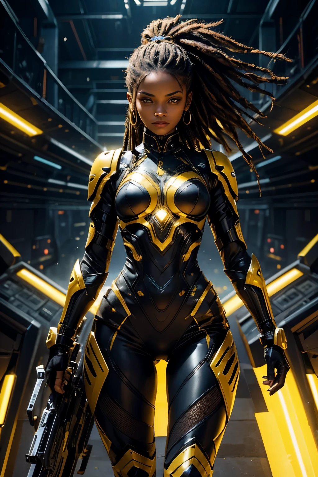 In the heart of a cutting-edge, technologically advanced battlefield, a powerful African girl warrior with slanted eyes assumes a commanding stance. Her sleek futuristic black and yellow armor, meticulously crafted with intricate designs, radiant shine and yellow lights, hugs her toned body. The suit's polished surface beautifully reflects the vibrant, pulsating lights of her high-tech environment. With her yellow rasta hair cascading down her back, framing her strong, chiseled features, she exudes an undeniable aura of determination and strength. Her determined expression, intensified by her fierce gaze, reveals her unwavering resolve to protect and defend against any potential threat in this advanced, intricately detailed. She is beautiful, has a cute face. Her skin tone is brown.