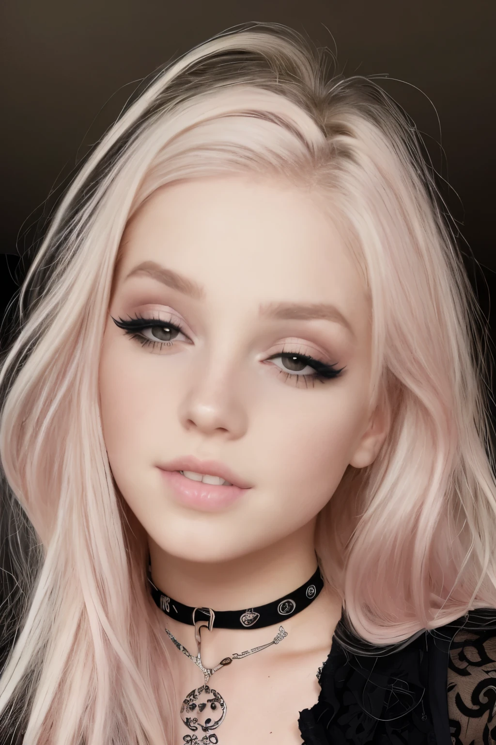 Buetifull girl with pale skin and medium length sized hair, close up of face, androgynous face, nose piercing, small nose with freckles, freckles on the nose, pointy nose, small freckles, small lips pointy nose, perfect detailed face, facial piercings, cute freckles, piercing stare, thin button nose, big eyes, wide lips, alt girl, grunge girl, wearing egirl makeup emo, wide lips,