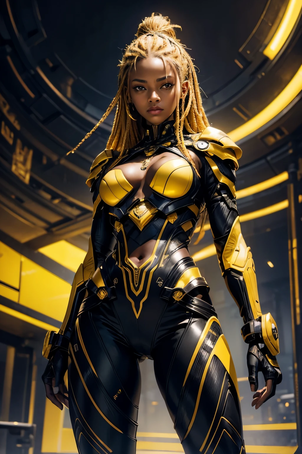 In the heart of a cutting-edge, technologically advanced battlefield, a powerful African girl warrior with slanted eyes assumes a commanding stance. Her sleek futuristic black and yellow armor, meticulously crafted with intricate designs, radiant shine and yellow lights, hugs her toned body. The suit's polished surface beautifully reflects the vibrant, pulsating lights of her high-tech environment. With her yellow rasta hair cascading down her back, framing her strong, chiseled features, she exudes an undeniable aura of determination and strength. Her determined expression, intensified by her fierce gaze, reveals her unwavering resolve to protect and defend against any potential threat in this advanced, intricately detailed. She is beautiful, has a cute face. Her skin tone is brown.