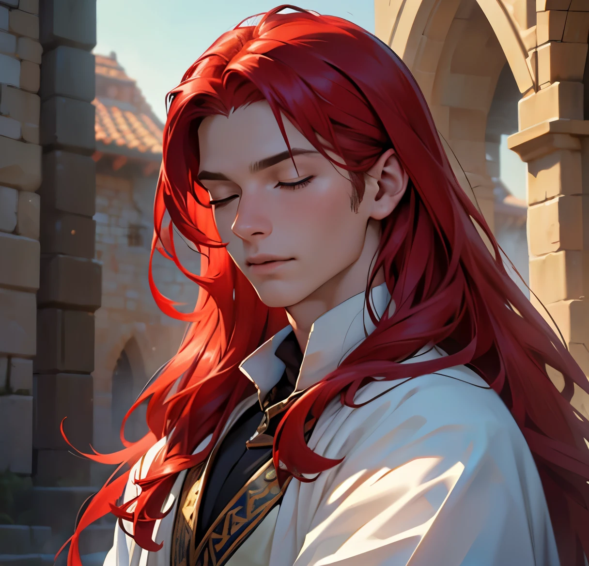 (realistic:1.37,best quality,4k,8k,highres,masterpiece:1.2),ultra-detailed, masculine, a young man with pale skin, very long red hair, dressed in a medieval prince outfit with straight hair. anatomically correct. Closed eyes.