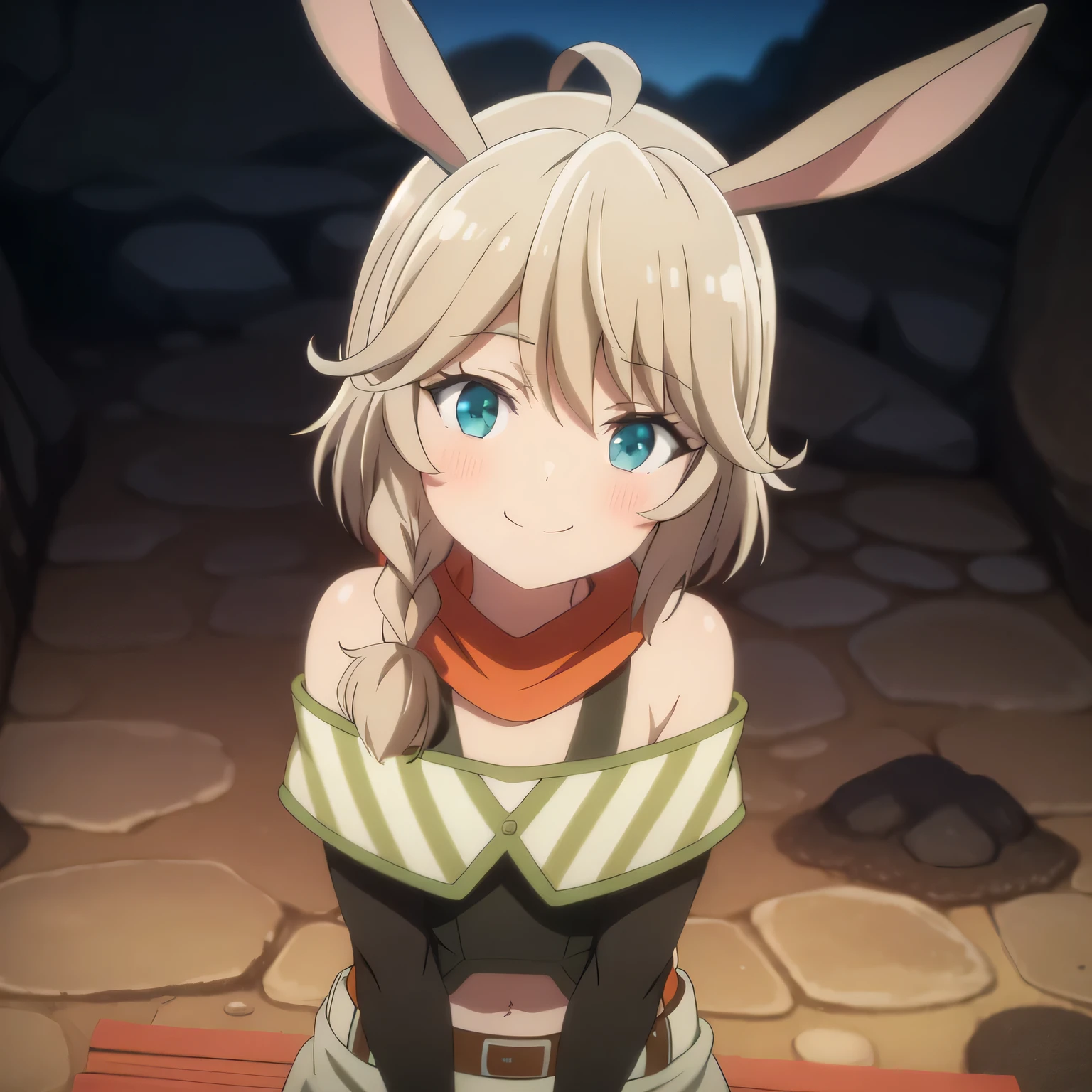 hntsadlhorn, highres, absurdres, looking at viewer, smile, blush, sitting, cave, cave wall, dark,