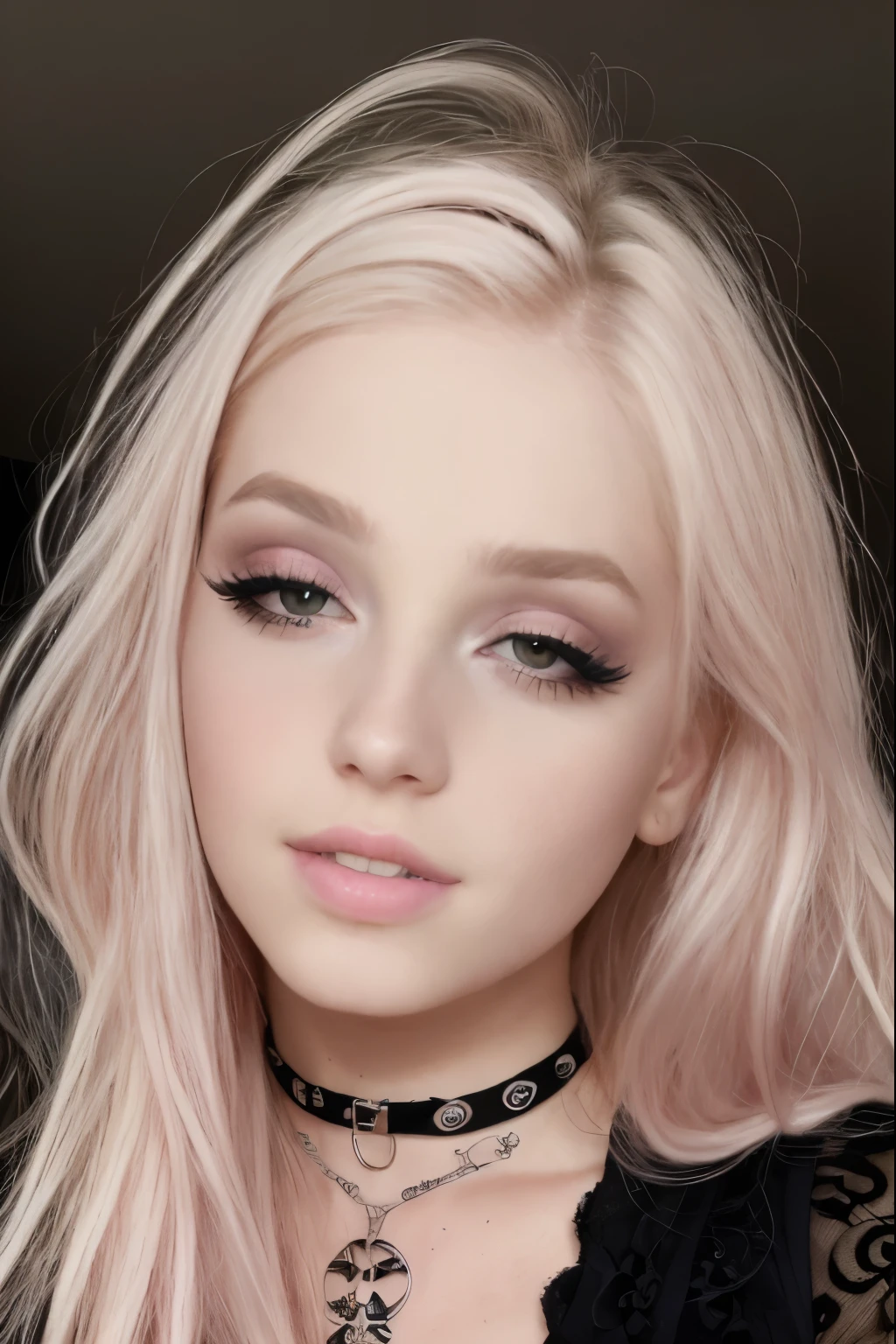 Buetifull girl with pale skin and medium length sized hair, close up of face, androgynous face, nose piercing, small nose with freckles, freckles on the nose, pointy nose, small freckles, small lips pointy nose, perfect detailed face, facial piercings, cute freckles, piercing stare, thin button nose, big eyes, wide lips, alt girl, grunge girl, wearing egirl makeup emo, wide lips,