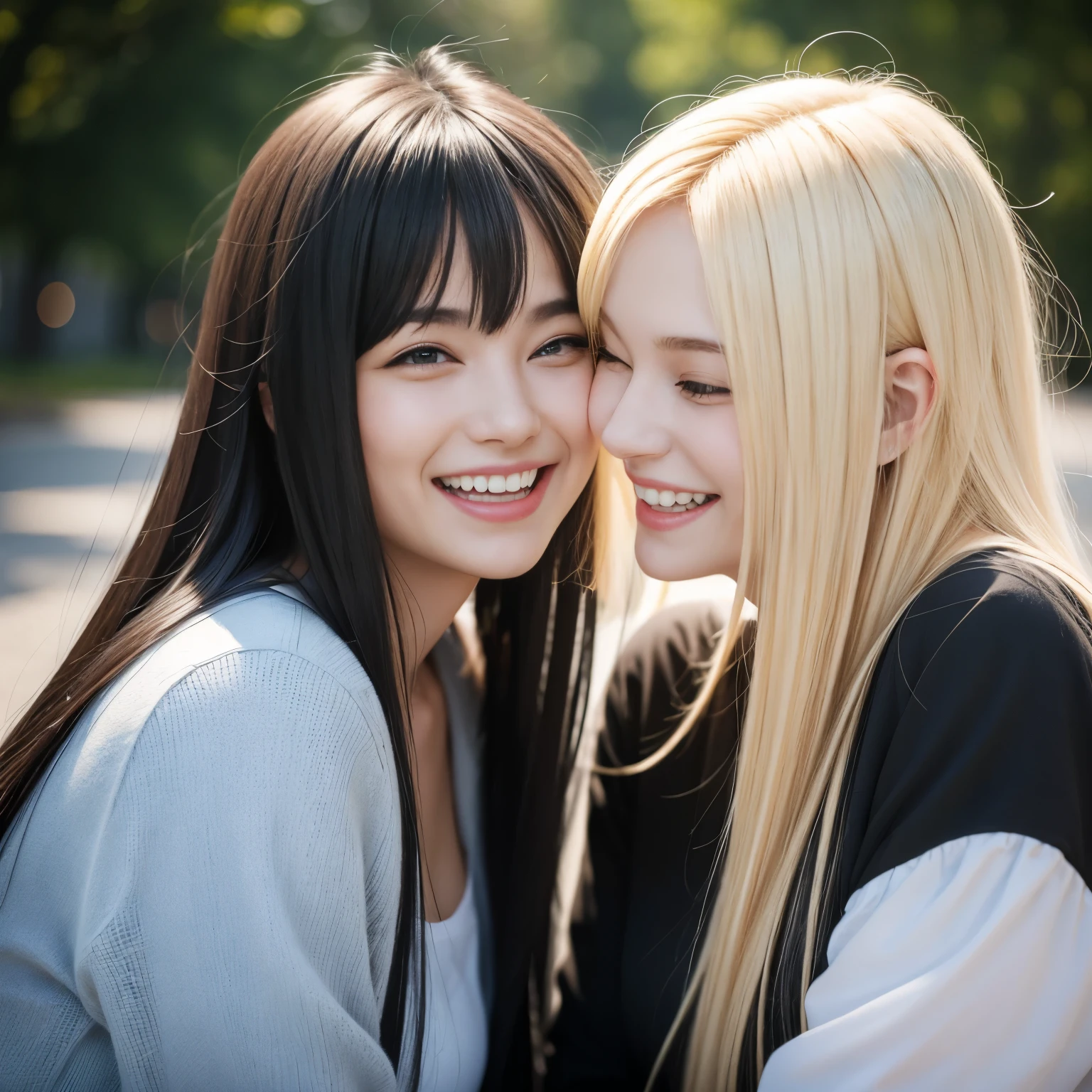 lesbian couple, blonde girl, black haired girl, seeing each other, laughing
