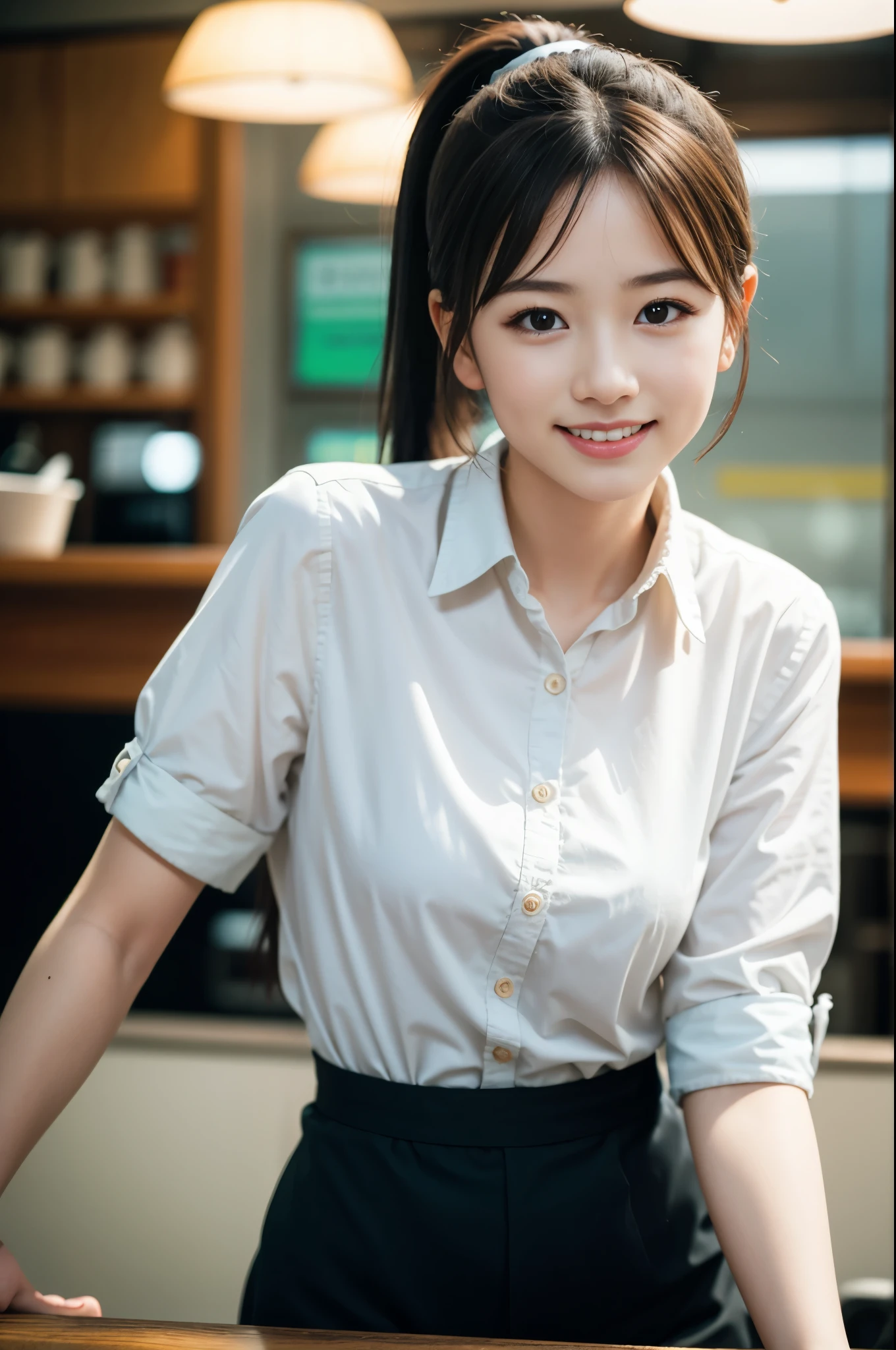 (8K, RAW photo, highest quality, masterpiece:1.3), (realistic, photo-realistic:1.4), (Highly detailed 8K wallpaper), sharp focus, Depth of written boundary,
japanese idol,very cute,(baby face), (waitress:1.3),(ponytail:1.3), Look at us and smile, Upper body, highly detailed face and eyes,((shiny skin:1.2)), cinematic lighting, soft light, blur background, Cafe with a retro atmosphere)