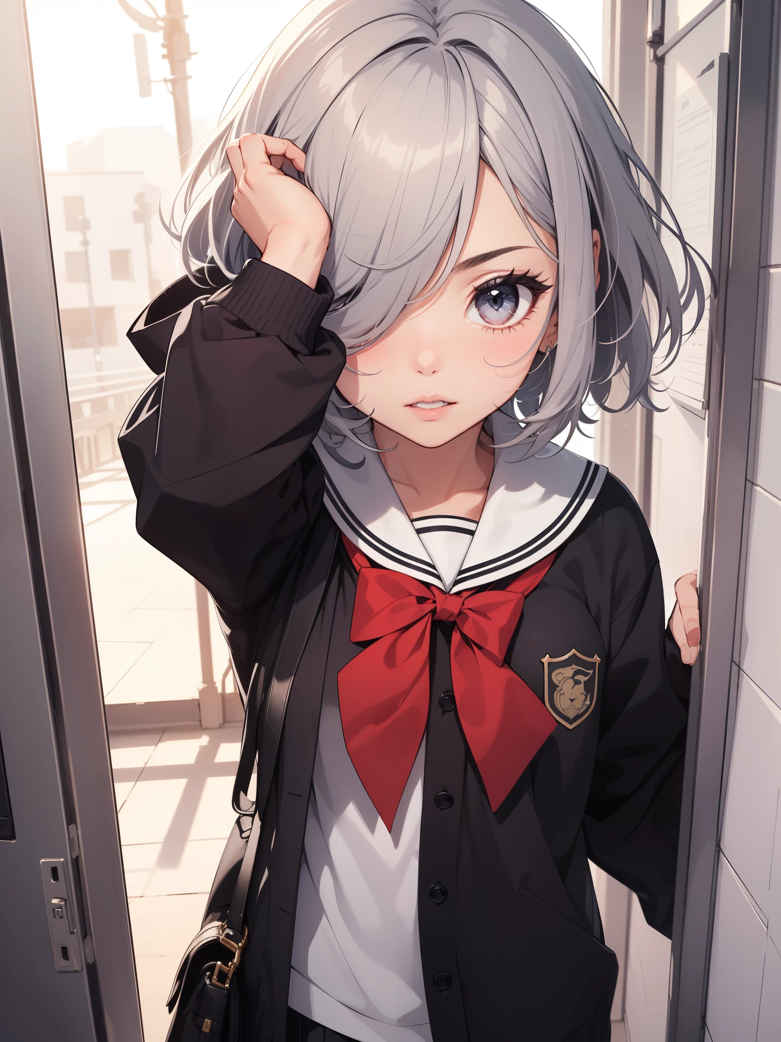 1 girl sombria, ((tímida)), gray eyes, short silver hair covering her eyes, black school uniform, red bow, super detailed, no caminho da escola