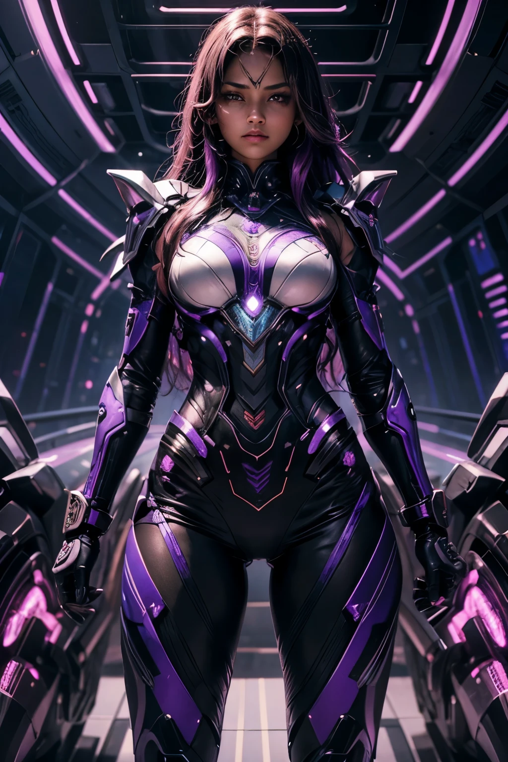 In the heart of a cutting-edge, technologically advanced battlefield, a powerful African girl warrior with slanted eyes assumes a commanding stance. Her sleek futuristic armor, meticulously crafted with intricate designs, radiant shine and purple lights, hugs her toned body. The suit's polished surface beautifully reflects the vibrant, pulsating lights of her high-tech environment. With her purple wavy hair cascading down her back, framing her strong, chiseled features, she exudes an undeniable aura of determination and strength. Her determined expression, intensified by her fierce gaze, reveals her unwavering resolve to protect and defend against any potential threat in this advanced, intricately detailed. She is beautiful, has a cute face. Her skin tone is brown.