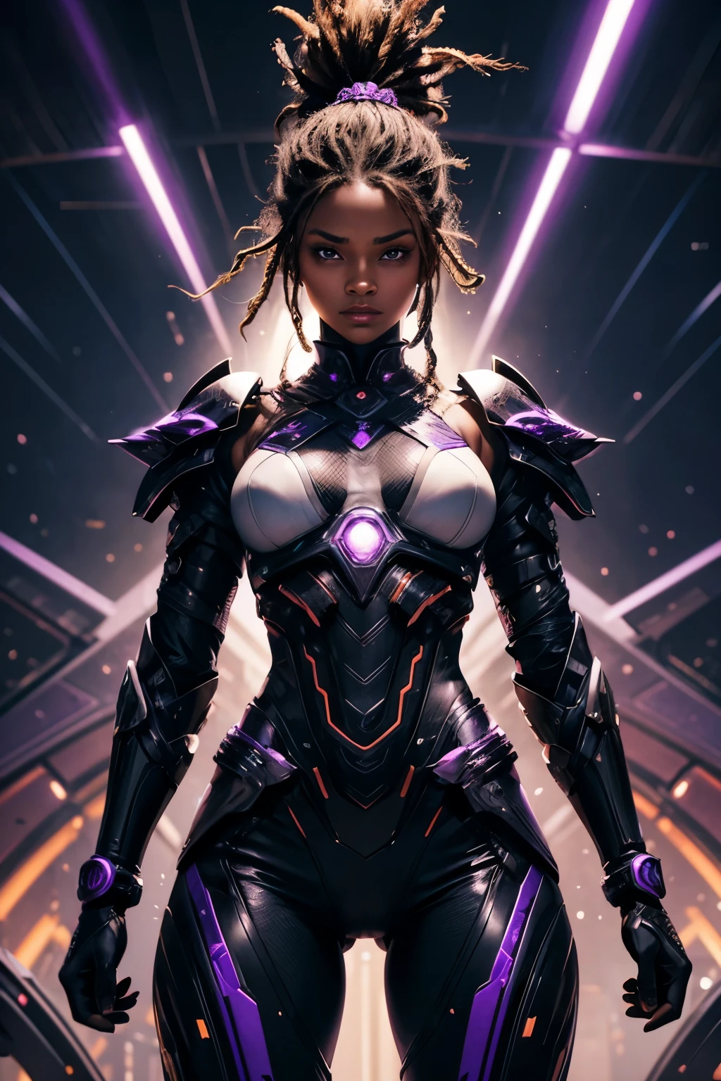 In the heart of a cutting-edge, technologically advanced battlefield, a powerful African girl warrior with slanted eyes assumes a commanding stance. Her sleek futuristic armor, meticulously crafted with intricate designs, radiant shine and purple lights, hugs her toned body. The suit's polished surface beautifully reflects the vibrant, pulsating lights of her high-tech environment. With her purple rasta hair cascading down her back, framing her strong, chiseled features, she exudes an undeniable aura of determination and strength. Her determined expression, intensified by her fierce gaze, reveals her unwavering resolve to protect and defend against any potential threat in this advanced, intricately detailed. She is beautiful, has a cute face. Her skin tone is brown.