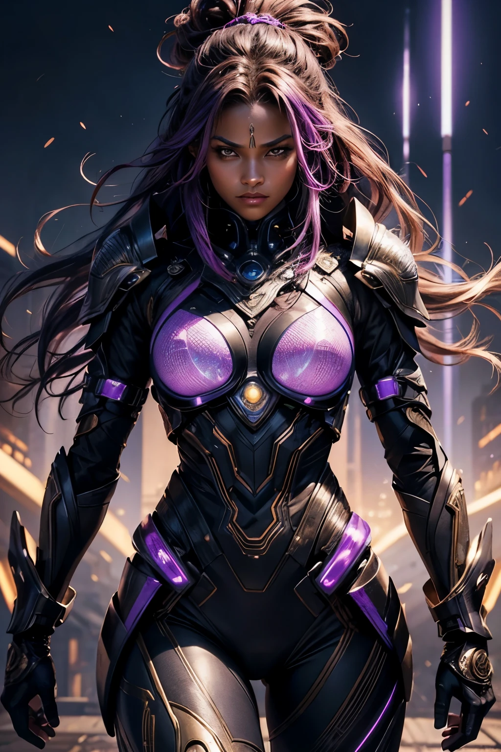 (highres:1.2),realistic,Nicki Minaj as a random super hero,captivating pose,powerful stance,vibrant colors,extraordinary details,long flowing hair flowing in the wind,detailed costume with intricate patterns,gold accents that shine in the sunlight,sparkling accessories,confident expression,piercing gaze,fierce eyes,alluring lips,strong and toned physique,urban background,graffiti walls to add an edgy vibe,dynamic lighting to enhance the drama,electric blue and pink color palette,striking contrast between light and shadow,enhanced depth with HDR effects,photorealistic rendering for lifelike appearance,attention-grabbing composition,comic book inspired style,energetic lines and bold strokes,stylized elements with a touch of surrealism,superhero symbol on her chest,exuding a sense of power and strength,capturing her essence and larger-than-life personality.