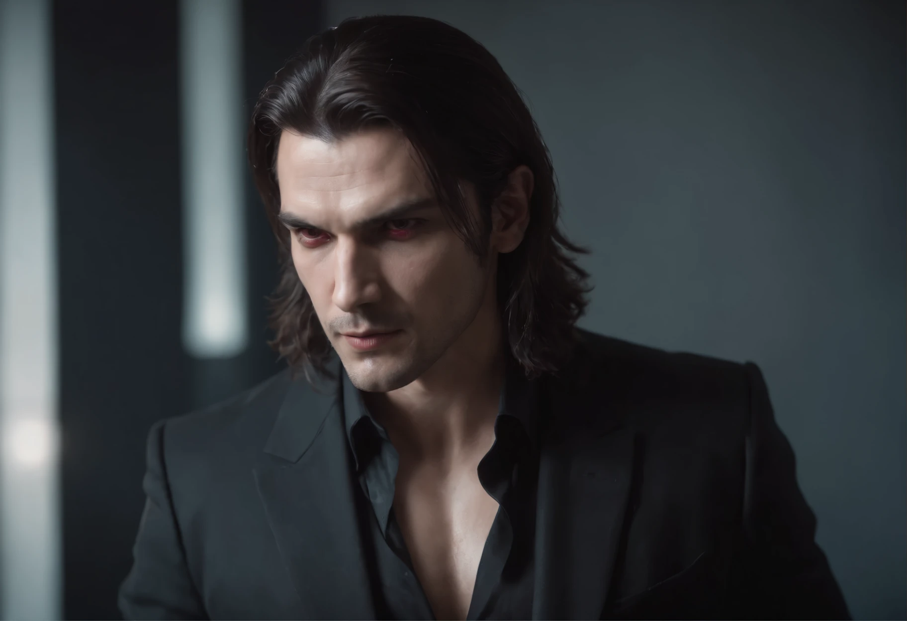 handsome hitman, wearing black, have red eye, athletic body, have a long hair, dark, he is actually angel of death but stuck in human body, action, mystery