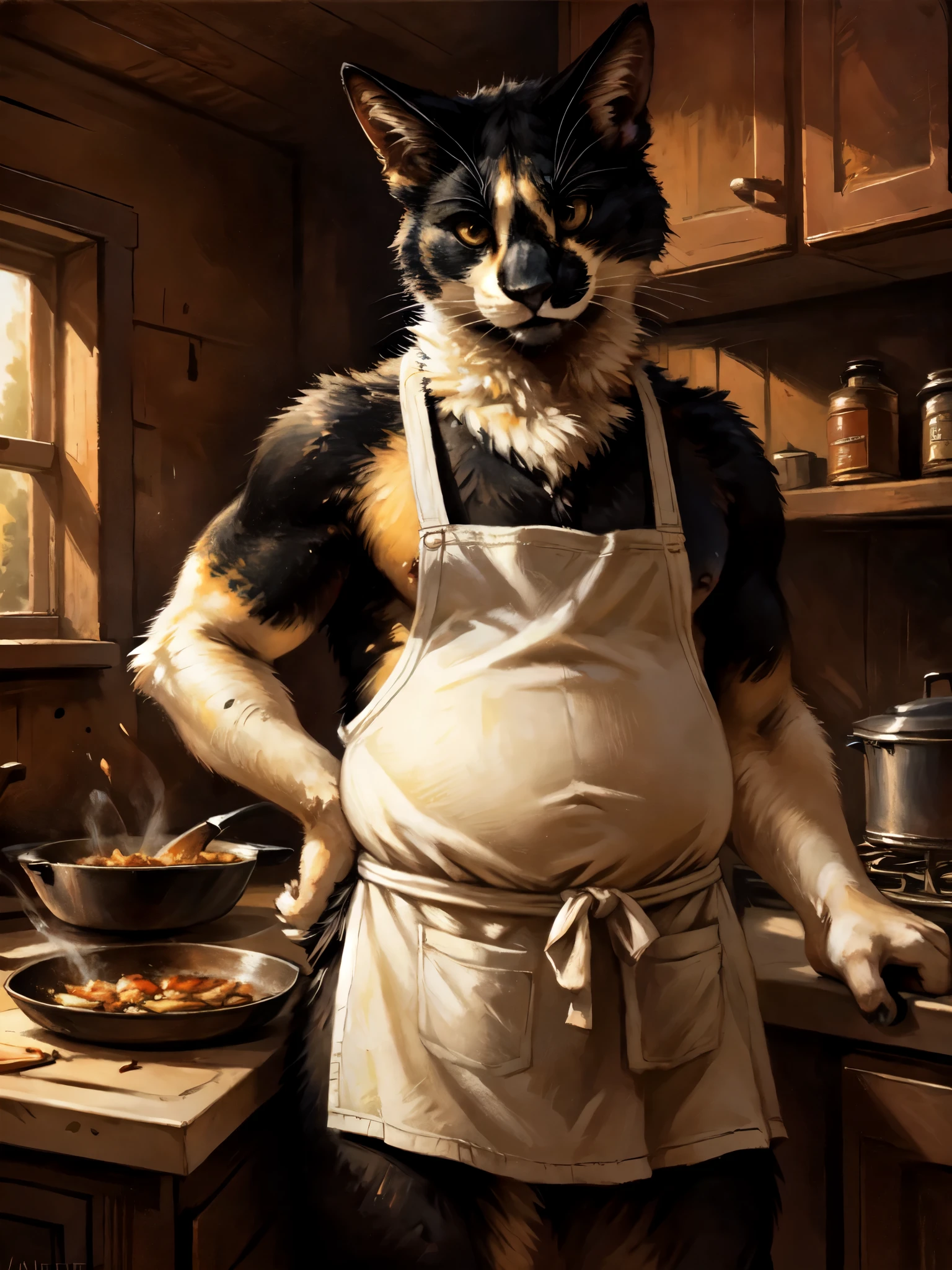 Leo, a black and white anthro bicolor cat, black lower lip, standing, chubby, standing, indoors, realistic, by kenket, front view, wearing apron, holding a frying pan, cooking chicken