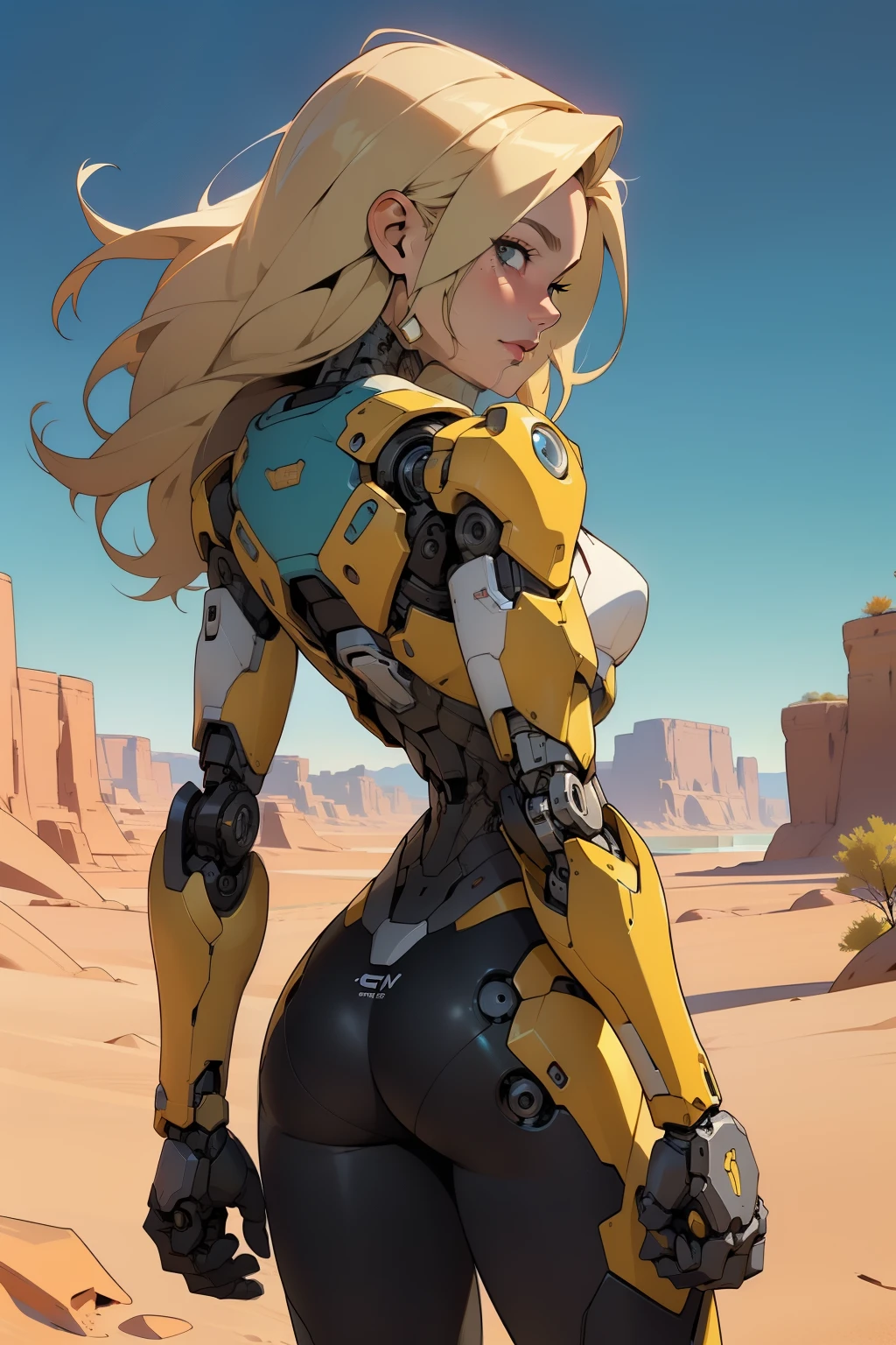 high quality, 4k, masterpiece, beautiful, cyborg girl, cowboy shot, dull eyes, back side, turning around to look at viewer, long blonde hair, girl, small breasts, fit thigh, robotic arms, robotic body, cyborg body, yellow accent, red accent, intricate detail, joint, detailed lines, robotic detail, holding fist up, holding hand up as fist, color robotic parts, robotic parts with color, perfect fingers, on a desert planet, sunny background, colorful desert, a river or a lake in the background