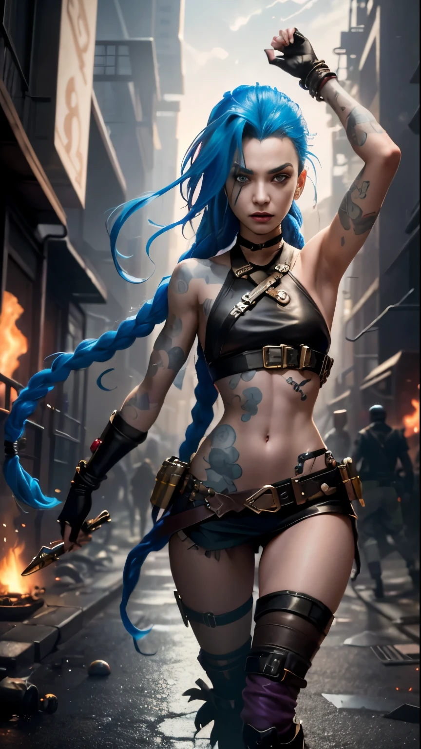 ((Best quality)), ((masterpiece)), (highly detailed:1.3), 3D, arcane style,In the dark and courageous dystopian city of Piltover, plagued by violence and divided into two opposing factions, a young prodigy named Jinx emerges. Having endured unimaginable loss and abandonment, she embraced a life of chaos and destruction. Known for her inventive and explosive abilities, Jinx becomes an icon of rebellion against the oppressive forces that control the city. However, haunted by guilt and battling inner demons, she must confront her past and decide whether to continue on the path of anarchy or seek redemption amid the turmoil. Explore Jinx's journey as she navigates a treacherous world, fighting for survival, unlocking secrets, and discovering the true meaning of her twisted existence, chaos reigns supreme, and at the center of it all is Jinx, the embodiment of unpredictability. Delve deep into Jinx's twisted mind, exploring the origins of his madness and the driving force behind his destructive nature. Unravel the moments that shaped her into the crazed, iconic character we know. Take us on a wild journey through the vibrant streets of Piltover and the shadowy suburb of Zaun as Jinx wreaks havoc with his explosive arsenal. Can redemption find its way into Jinx's fractured soul? Or will she dance forever on the edge of sanity, embracing the chaos that fuels her very existence? Arcane's fate hangs in the balance as Jinx's path intertwines with unlikely allies and formidable enemies. Ignite your imagination and paint a vivid portrait of Jinx's distorted psyche, capturing the essence of her madness and the indomitable spirit that defines it, HDR (High Dynamic Range), Ray Tracing, NVIDIA RTX, Super-Resolution, Unreal 5, Subsurface Scattering, PBR Texturing, Post-processing, Anisotropic Filtering, Depth of Field, Maximum Clarity and Sharpness, Multit Textures