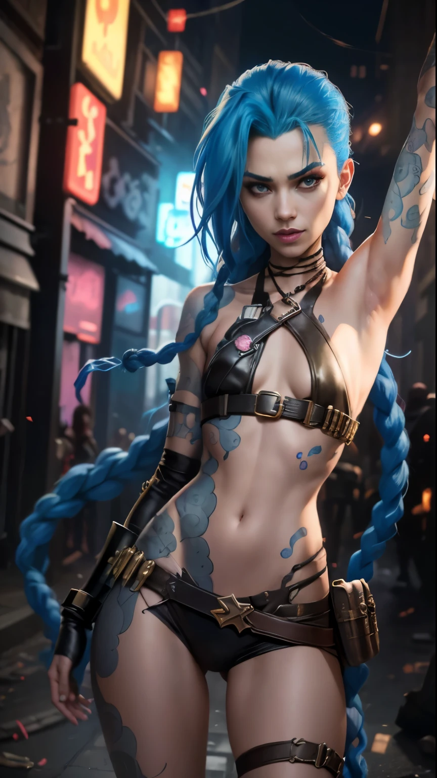 ((Best quality)), ((masterpiece)), (highly detailed:1.3), 3D, arcane style,In the dark and courageous dystopian city of Piltover, plagued by violence and divided into two opposing factions, a young prodigy named Jinx emerges. Having endured unimaginable loss and abandonment, she embraced a life of chaos and destruction. Known for her inventive and explosive abilities, Jinx becomes an icon of rebellion against the oppressive forces that control the city. However, haunted by guilt and battling inner demons, she must confront her past and decide whether to continue on the path of anarchy or seek redemption amid the turmoil. Explore Jinx's journey as she navigates a treacherous world, fighting for survival, unlocking secrets, and discovering the true meaning of her twisted existence, chaos reigns supreme, and at the center of it all is Jinx, the embodiment of unpredictability. Delve deep into Jinx's twisted mind, exploring the origins of his madness and the driving force behind his destructive nature. Unravel the moments that shaped her into the crazed, iconic character we know. Take us on a wild journey through the vibrant streets of Piltover and the shadowy suburb of Zaun as Jinx wreaks havoc with his explosive arsenal. Can redemption find its way into Jinx's fractured soul? Or will she dance forever on the edge of sanity, embracing the chaos that fuels her very existence? Arcane's fate hangs in the balance as Jinx's path intertwines with unlikely allies and formidable enemies. Ignite your imagination and paint a vivid portrait of Jinx's distorted psyche, capturing the essence of her madness and the indomitable spirit that defines it, HDR (High Dynamic Range), Ray Tracing, NVIDIA RTX, Super-Resolution, Unreal 5, Subsurface Scattering, PBR Texturing, Post-processing, Anisotropic Filtering, Depth of Field, Maximum Clarity and Sharpness, Multit Textures