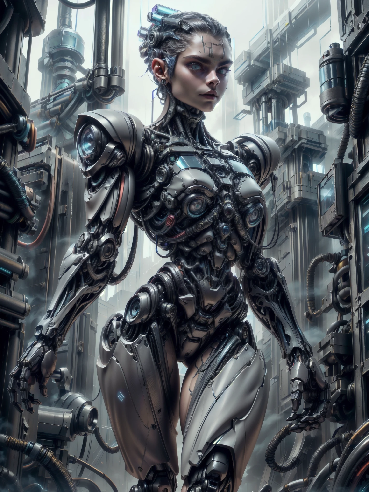 (1 girl), (beautiful borg queen:1.25), (cara delevingne:1.25), (robotic mechanical physique:1.25), (1 super muscular cyborg demoness:1.25), (covered in cables and mechanical muscles:1.25), (android muscular anatomy:1.25), (perfect fingers:1.25),(8k, RAW photo, photorealistic:1.25), sci fi atmosphere, futuristic technopia, alien landscape,