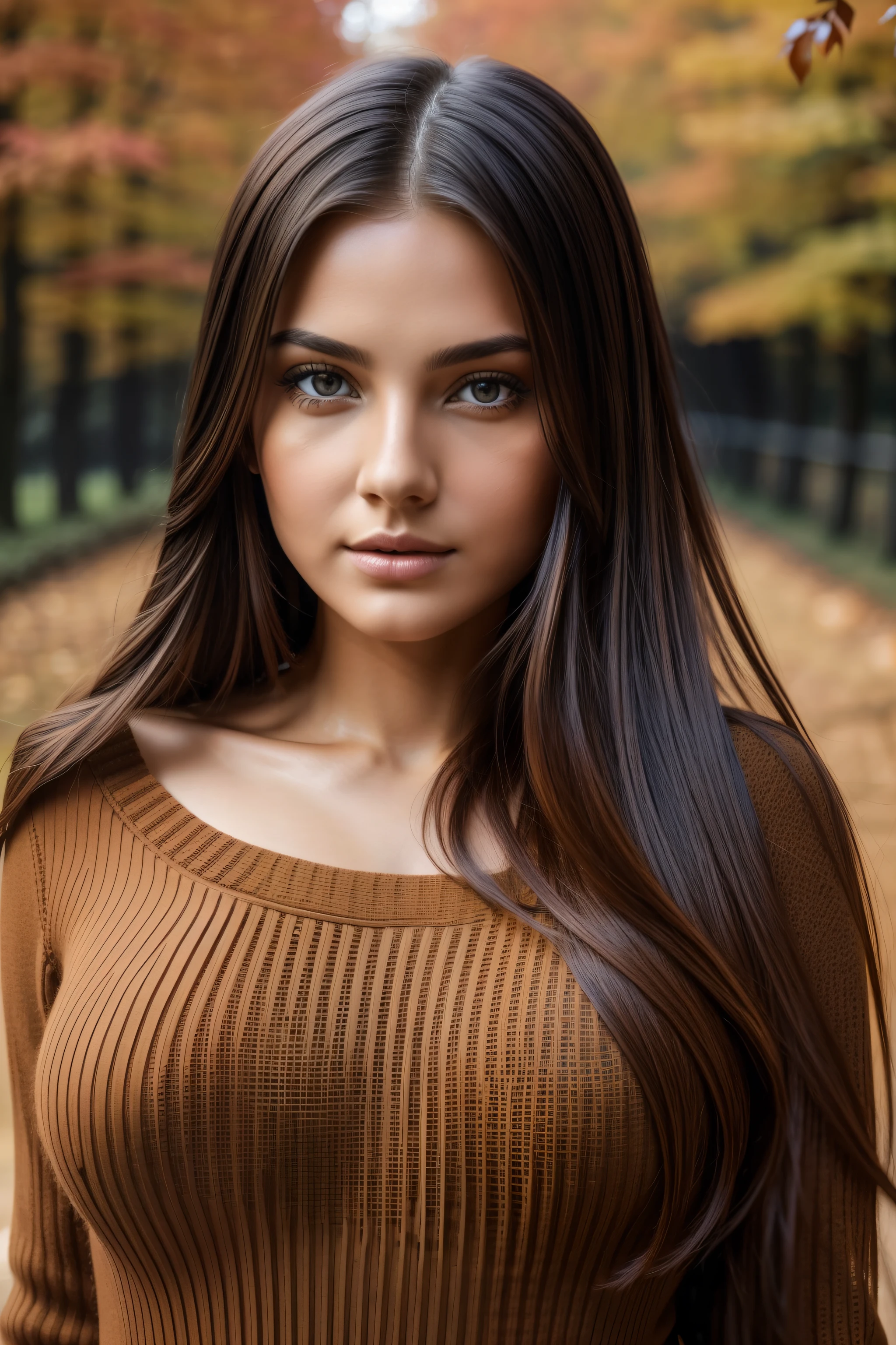 photography of a stunning girl, wearing a autumn jumper, long hair on one side, heavy bust 36DD, looks into the camera, symmetrical eyes, symmetrical face, photorealistic, photography, path tracing, specular lighting, volumetric face light, path traced hair, visible shadows, intricate, elaborate