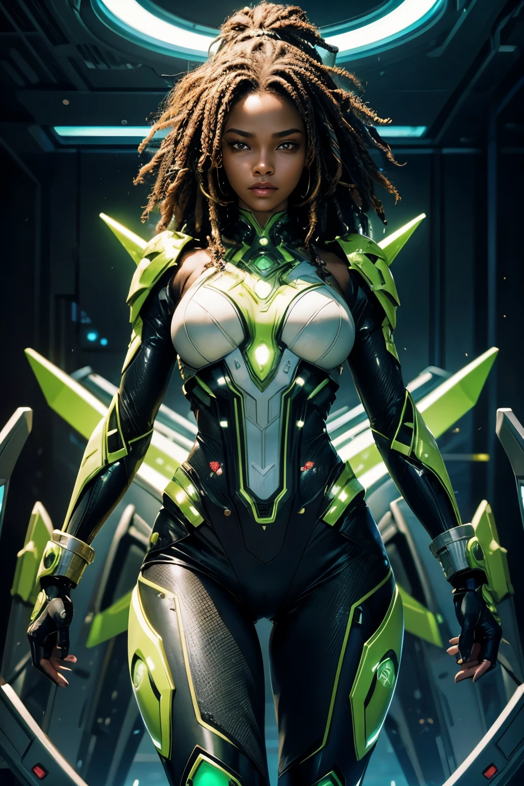 In the heart of a cutting-edge, technologically advanced battlefield, a powerful African girl warrior with slanted eyes assumes a commanding stance. Her sleek futuristic armor, meticulously crafted with intricate designs, radiant shine and green lights, hugs her toned body. The suit's polished surface beautifully reflects the vibrant, pulsating lights of her high-tech environment. With her green rasta curly hair cascading down her back, framing her strong, chiseled features, she exudes an undeniable aura of determination and strength. Her determined expression, intensified by her fierce gaze, reveals her unwavering resolve to protect and defend against any potential threat in this advanced, intricately detailed. She is beautiful, has a cute face. Her skin tone is brown.