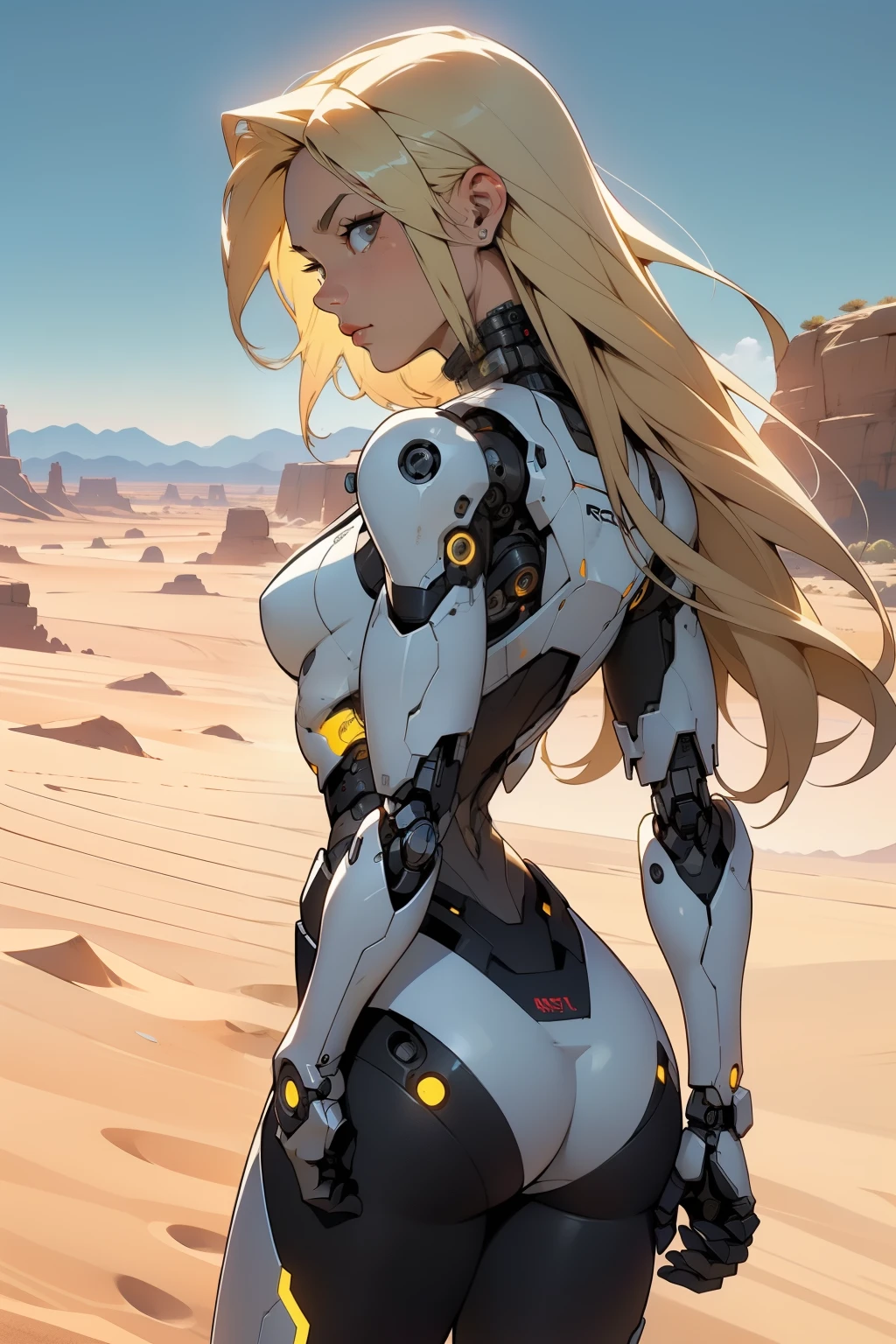 high quality, 4k, masterpiece, beautiful, cyborg girl, cowboy shot, dull eyes, back side, turning around to look at viewer, long blonde hair, girl, small breasts, fit thigh, robotic arms, robotic body, cyborg body, yellow accent, red accent, intricate detail, joint, detailed lines, robotic detail, holding fist up, holding hand up as fist, color robotic parts, robotic parts with color, perfect fingers, on a desert planet, sunny background, colorful desert, a river or a lake in the background