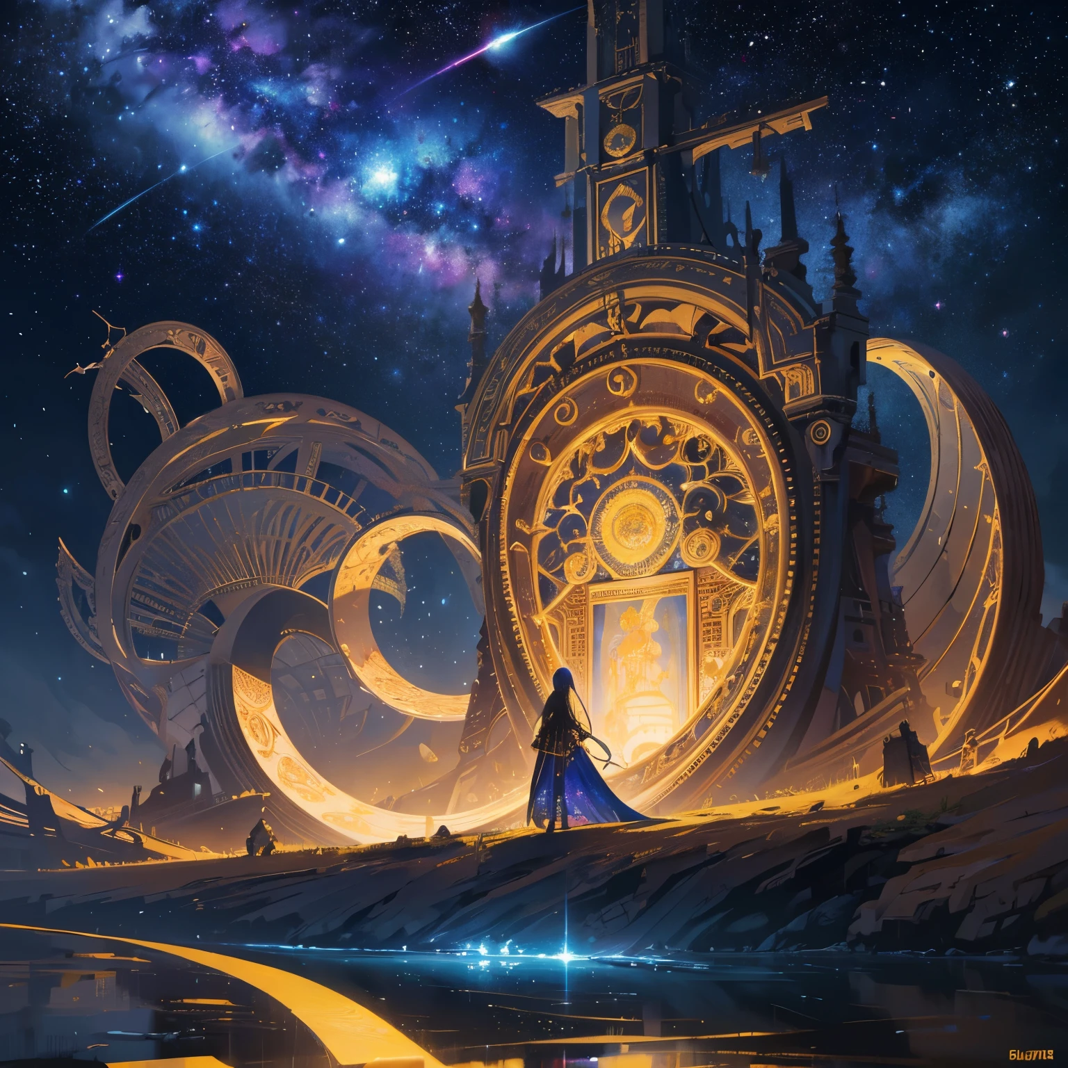 artwork, surrealism, very detailed, intricate details, oil, highest quality, cosmic, Starry, Woman with two plank scales, Pound sign concept, golden ratio, beautiful, cosmic concept, 8K, cinematic light, Starry background, Bright colors, UHD, Written by Greg Rutkowski