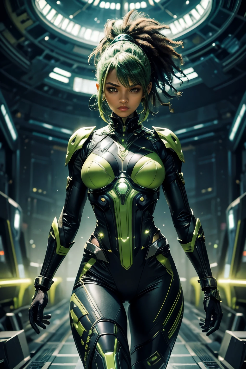 ((Best quality)), ((masterpiece)), (detailed: 1.4), (Absurd), Fighter pilot black woman ready for war, very fleshy mouth, defined muscular sculptural body, half thick naked thighs, closed mouth, very tanned and shiny skin, only in panties, muscular body covered by technological clothing, Neon Genesis Evangelion style, cyberpunk, generous neckline, ((perfect large breasts)), (brown eyes without pupils),  ((black, dark green and yellow clothing)), (((clothing based on the South African flag)))), (((full afro hair))), ((leopard pattern on arms)), long eyelashes, short underwear, garter belt, skin glove and leopard claws, by mucha, niji --V5, close to real, psychopathic, crazy face, sexy pose, background with a giant Gundam-style robot head,  2 piece clothing, shoulder pads, airplane wings on the back, pastel, centered, scale to fit dimensions, HDR (High Dynamic Range),Ray Tracing,NVIDIA RTX,Super-Resolution,Unreal 5,Subsurface dispersion, PBR texture, Post-processing, Anisotropic filtering, Depth of field, Maximum clarity and sharpness, Multilayer textures, Albedo and specular maps, Surface shading, Accurate simulation of light-material interaction, Perfect proportions,  Octane Render, Two-tone lighting, Wide aperture, Low ISO, White balance, Rule of thirds, 8K RAW, crysisnanosuit