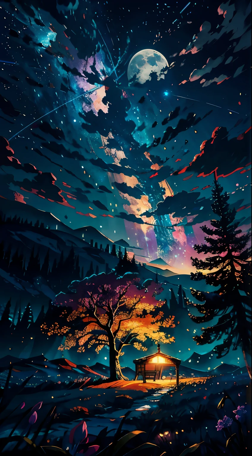 Best picture quality，Expansive landscape photograph，（View from below with a view of the sky and the wilderness below），The  stood in the flower field and looked up，（moon full：1.2），（meteors：0.9），（Starcloud：1.3），Far Mountain，Tree BREAK Production Art，（Warm light source：1.2），（glowworm：1.2），lamp lights，Purple and orange，Complicated details，Volumetric lighting BREAK（tmasterpiece：1.2）， （HighestQuali），4K，ultra-delicate，（Dynamic configuration：1.4），Highly detailed and colorful details（Irridescent color：1.2），（Sparkling lighting，Atmospheric lighting），dream magical，magical，（独奏：1.2）