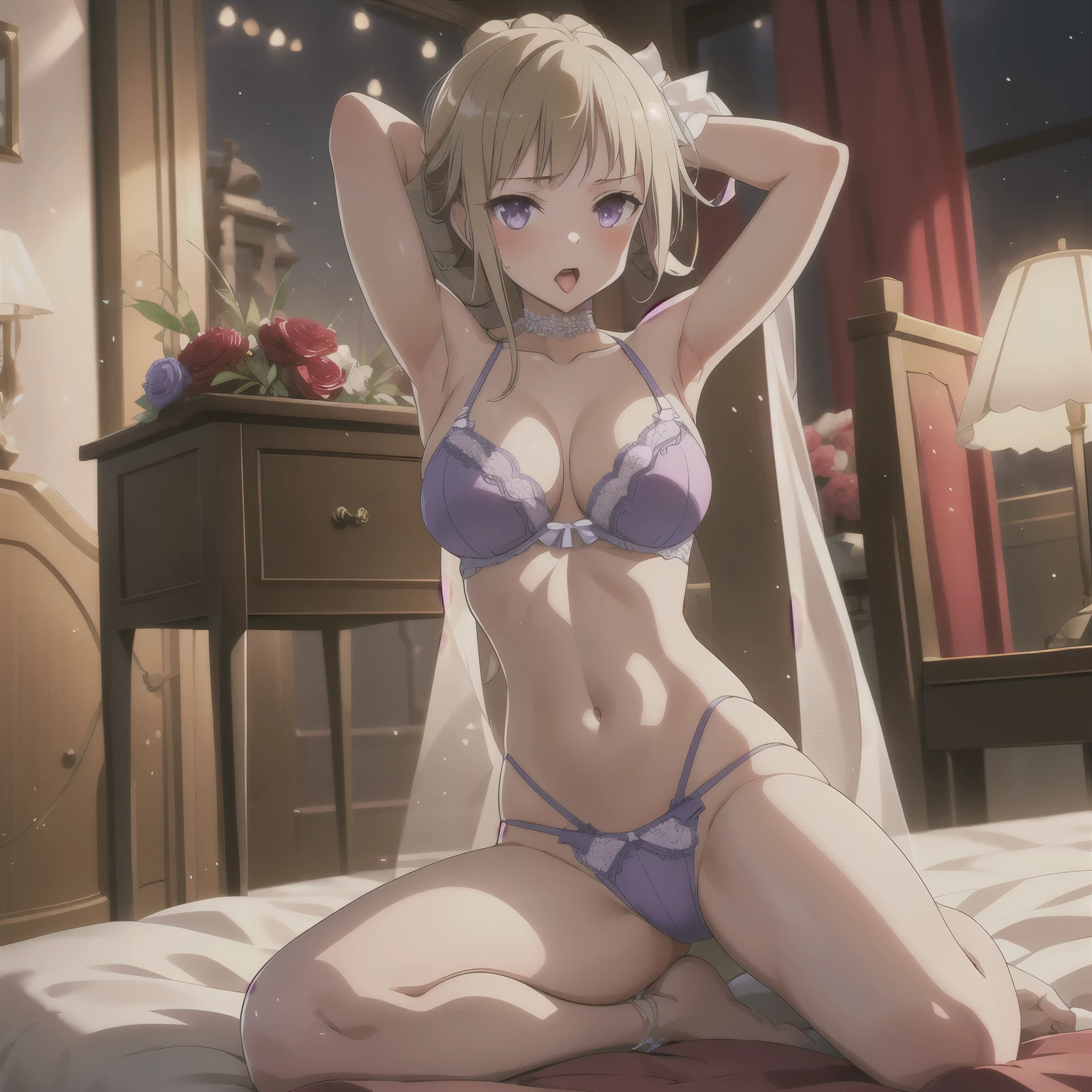 Night, in hotel, Lying in bed, all on fire, 1girl, blond hair, purple eyes, very_long_hair, masterpiece, high_res, high_definition, sexy pose, Flirtatious Pose, medium_breasts, blush, shy, embarassed, lingerie, seductive pose, ,Wearing edgTemptation, tongue out, open mouth, saliva, , edgHL_lingerie, bridal veil, wedding_veil, bridal lingerie, ,wearing edgHL, mature_female, Milf, mature woman, arms behind head,