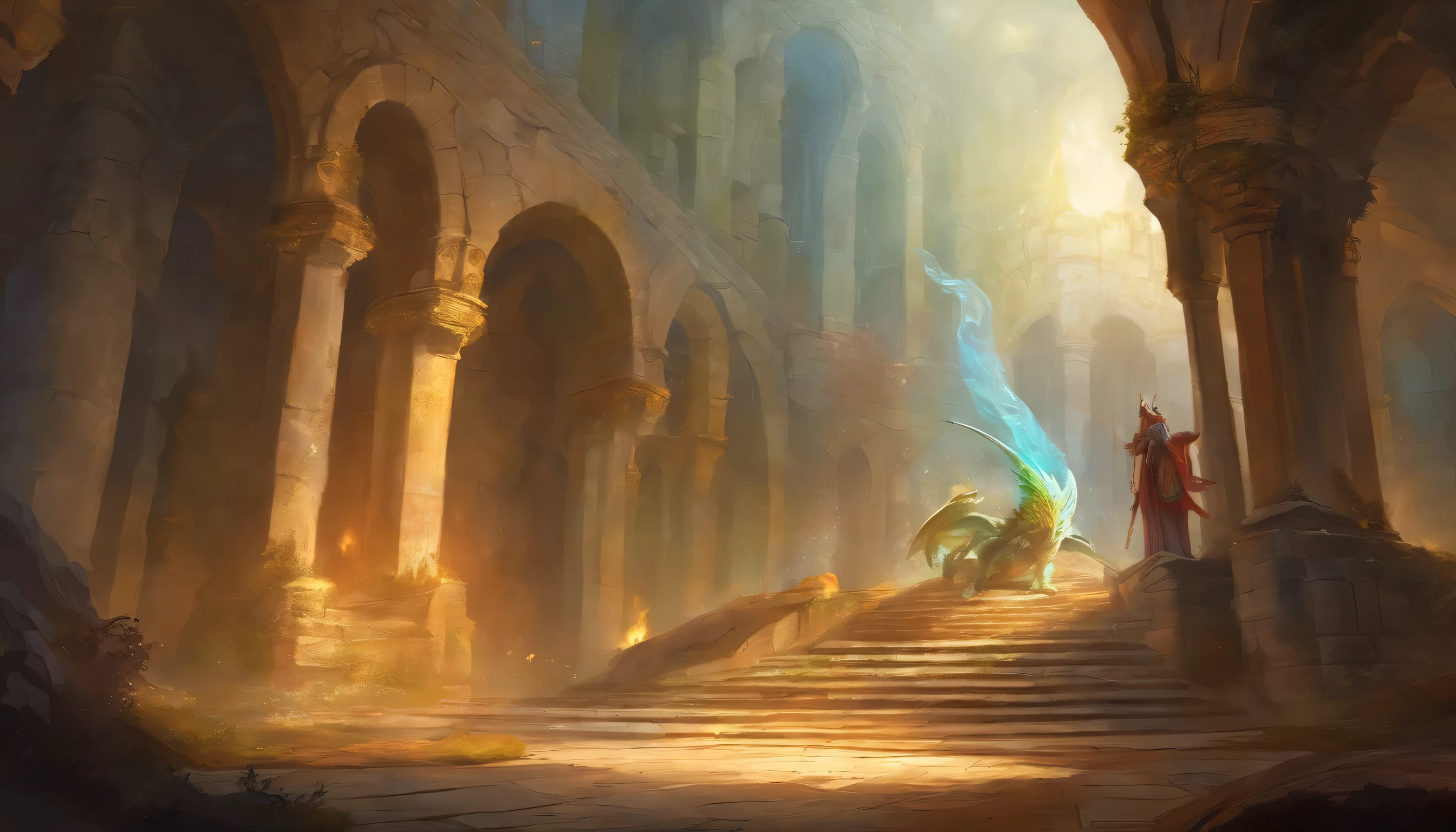 Showcase the moment of sacrifice in a crumbling tower with stone arches. The hero stands boldly in the dragon's path, distracting it. Companions below express worry, highlighting the hero's courage. Emphasize the dragon's enraged demeanor and the perilous state of the tower