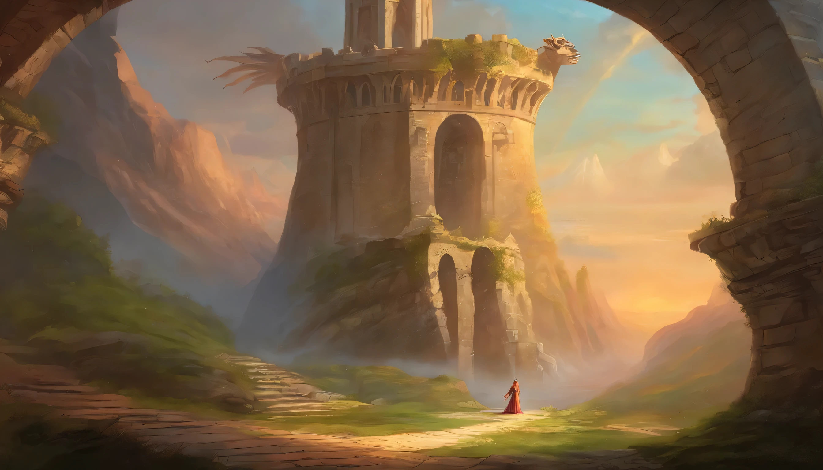 Showcase the moment of sacrifice in a crumbling tower with stone arches. The hero stands boldly in the dragon's path, distracting it. Companions below express worry, highlighting the hero's courage. Emphasize the dragon's enraged demeanor and the perilous state of the tower