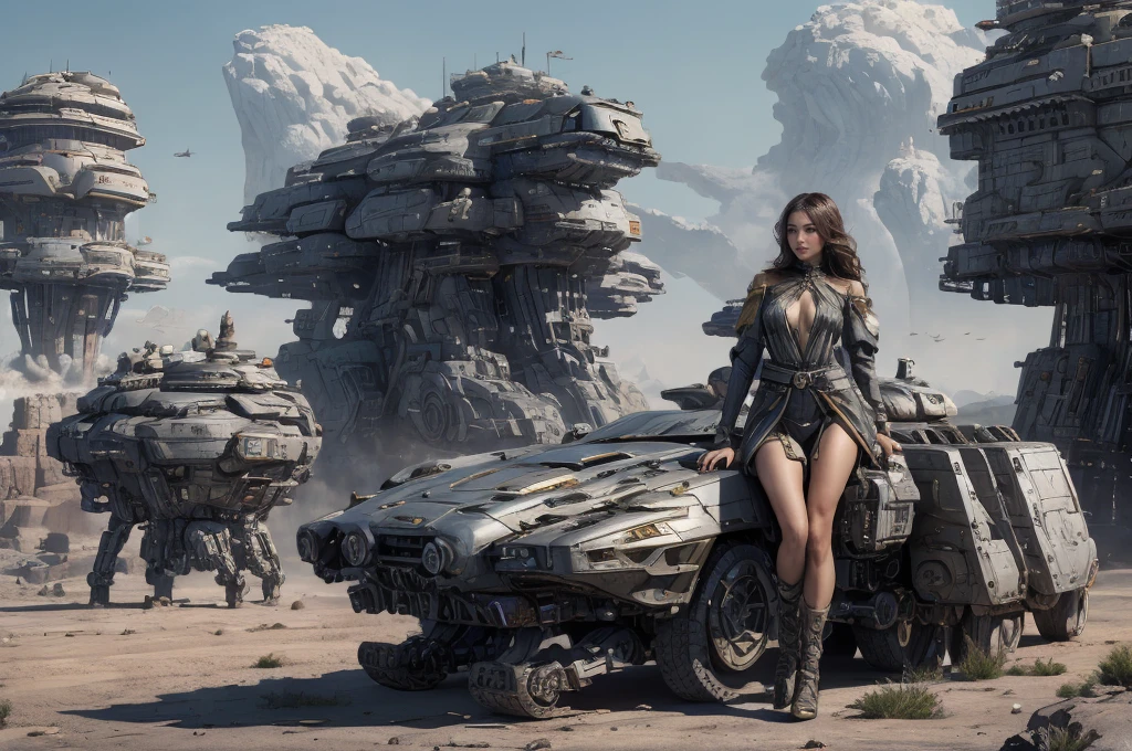 Ultra-realistic 16K CG, masterpiece, Best Composition, Photo quality, work of art, beautiful girl sitting on a fantastic flying bike , bike from the distant future, a lot of details, flies on gravitons, A lot of small details, bicycle concept art, Love, sex, desire, many bright bouquets of flowers, ikebana, lust, full naked, Full Length, Face detailing, high detail влагалища. very thin transparent blouse, open blouse, Completely undressed, Against the background of the impregnable citadel of the empire, in the background are tall battle towers with huge heavy cannons, high detail, Lots of elements, flying transports, flying cargo ships, crane, Manipulators. Sun rays, Along the sides there are many detailed artillery batteries., The Distant Future, fire, flame, smoke, Alien Creatures, there are thousands of fighters and interceptors in the sky