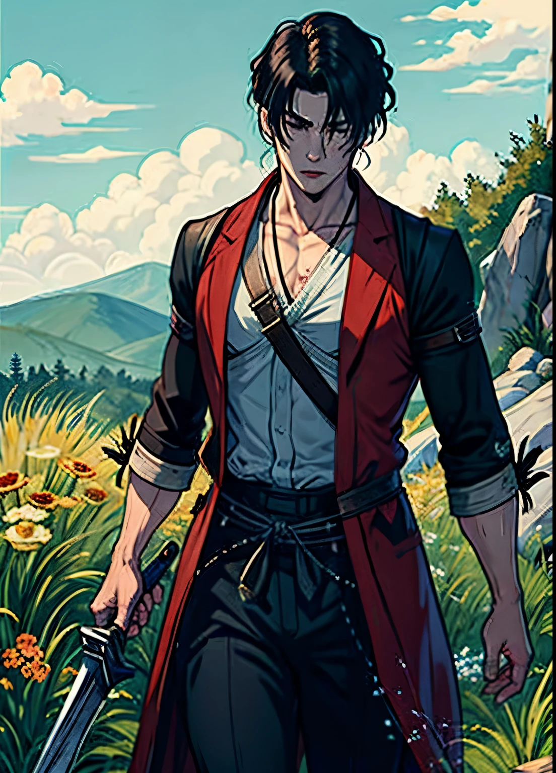 Isshin, el Santo de la Espada es un guerrero legendario y el fundador del Clan Ashina. Es un anciano con cabello y barba blancos, Llevar un kimono azul con patrones negros y una capa blanca. Lleva una katana y una lanza. He also has a gun hidden up his sleeve...

Wait for Sekiro in the large grass field where he first fought Genichiro Ashina., su nieto. The field is covered in blood and corpses of soldiers who died in battle.. El cielo es oscuro y tormentoso, and Luzning flashes occasionally. Isshin emerges from Genichiro&#39;s body after sacrificing himself to revive him using the Black Mortal Sword... He respects Sekiro as a worthy opponent and challenges him to a final duel for Ashina&#39;s fate...
Luna, tema oscuro, Luz, fancy,
