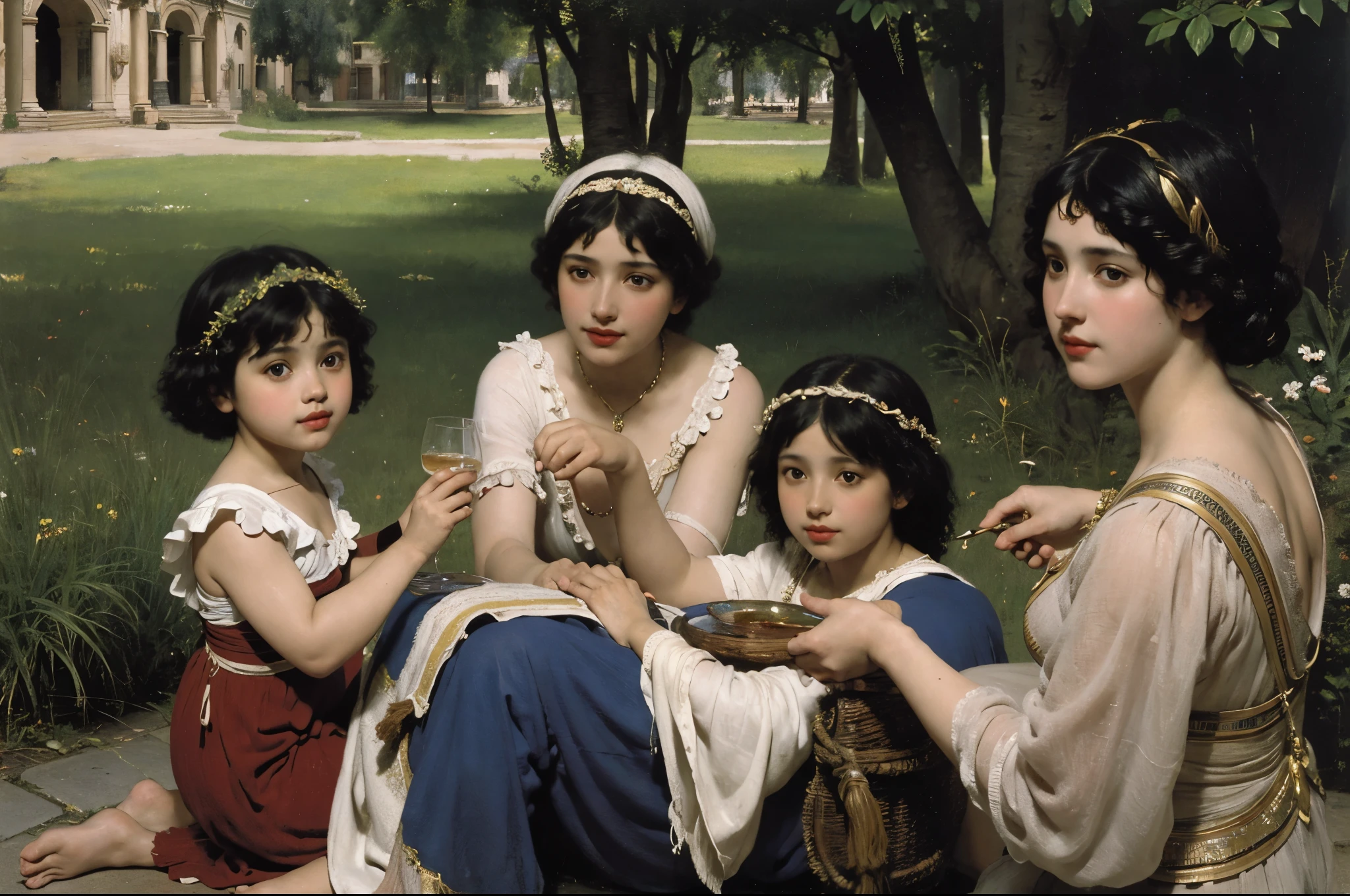 painting of a woman and two children feeding pigeons on a cobblestone path, a fine art painting by Gustave Boulanger, flickr, romanticism, john willaim godward, godward, j. w. godward, william godward, roman festival backdrop, lawrence alma tadema, tadema, lawrence alma - tadema, market in ancient rome