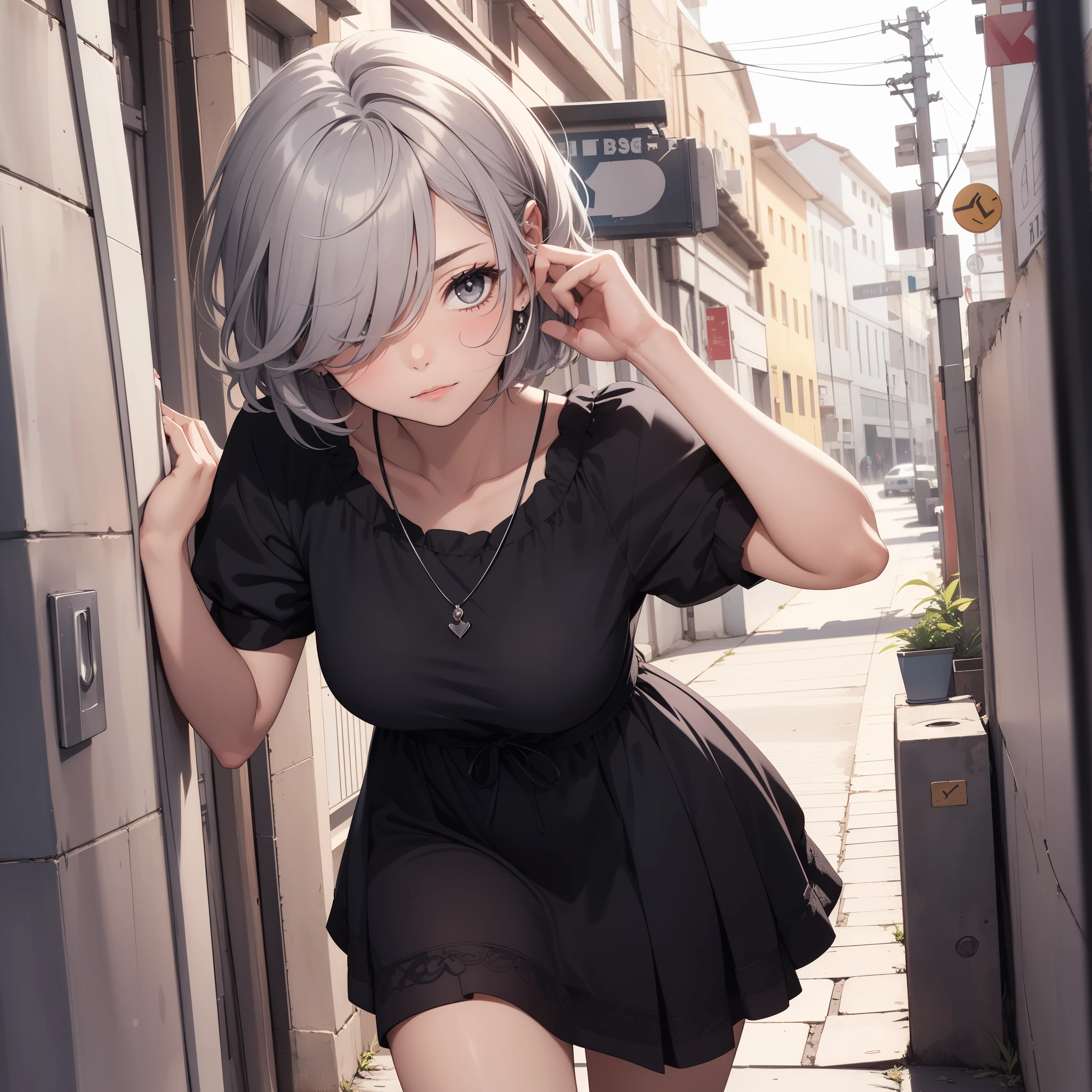1 girl sombria, ((shy)), gray eyes, short silver hair covering her eyes, vestido lolita dark preto, super detailed, no caminho da escola