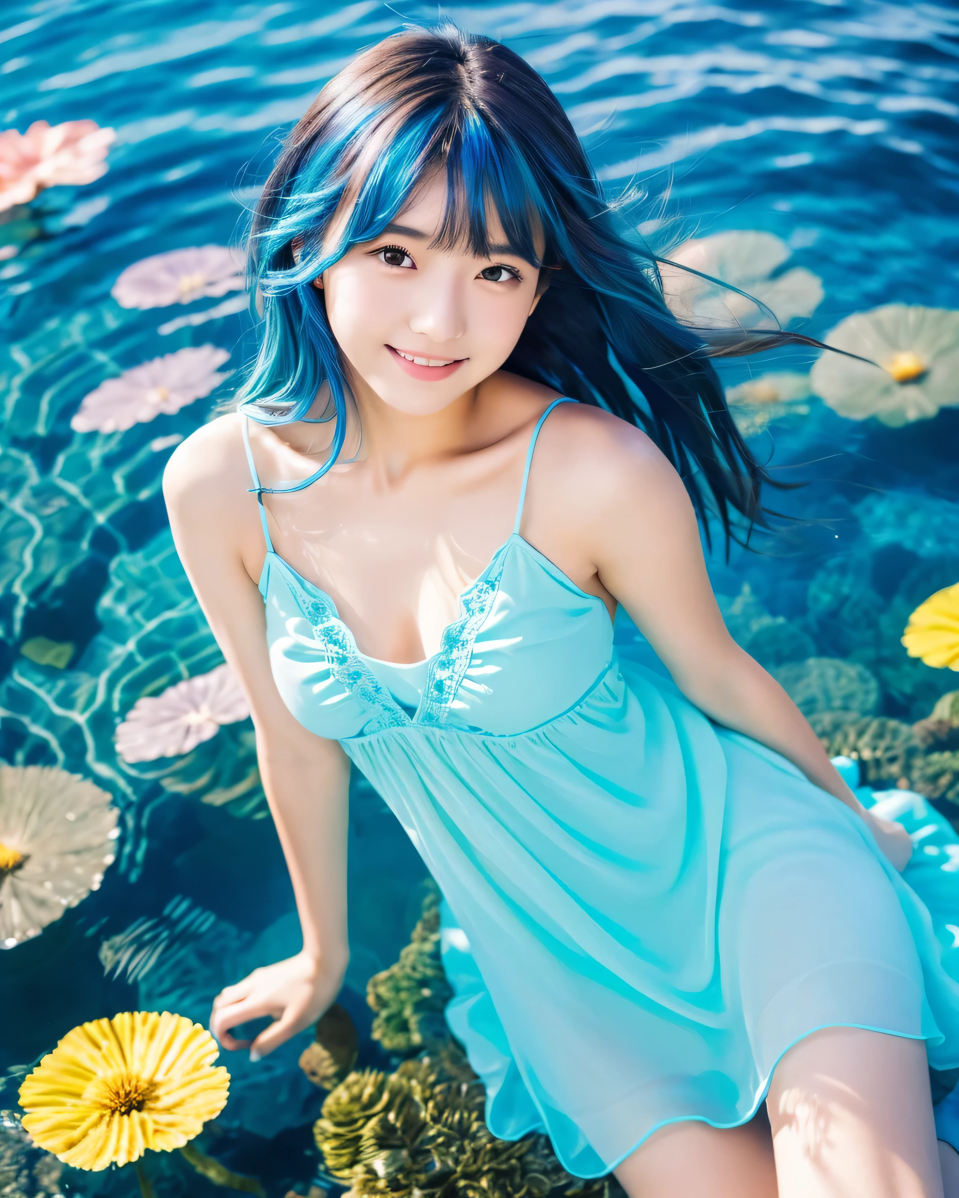 （ultra high resolution）(Super vivid)　beautiful japanese girl　　（Standing at the bottom of the clear blue sea:1.5）（whole body:1.３）(Shiny light blue hair:1.2)　Beautiful straight long hair　fine hair is disheveled　asymmetrical bangs　big magic eyes　moist brown eyes　pale pink lips　smooth soft skin　shiny face　bright makeup　gentle smile　Dark blue dress　off shoulder　intricately flowing miniskirt　Detailed and perfect clavicle　Beautiful chest in high resolution　dense and beautiful legs　tropical coral reef　tropical fish　professional lighting