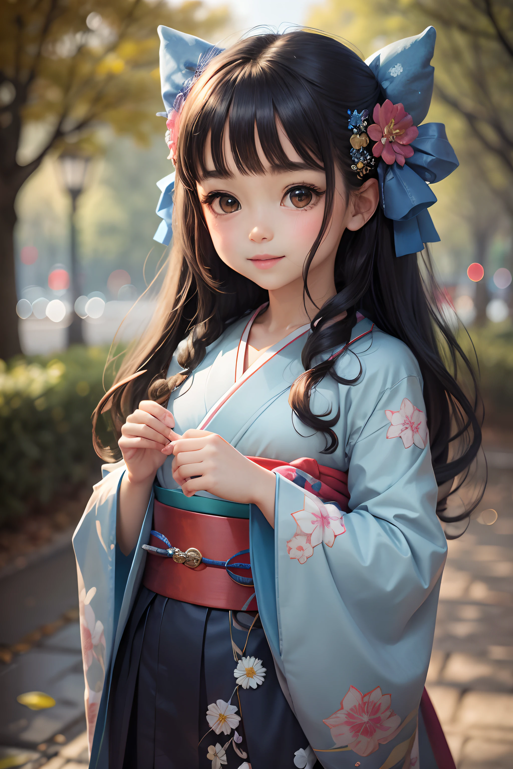 ultra hd, table top, super high quality, pretty girl, cute face, highly detailed eyes, Ultra-detailed lip, Moderate breathing, dress, blue kimono, Beautiful kimono appearance, dazzling light, morning hour, full body capture, Seashell ornament for hair, laughter, long black hair, red ribbon, Super Detail Kimono