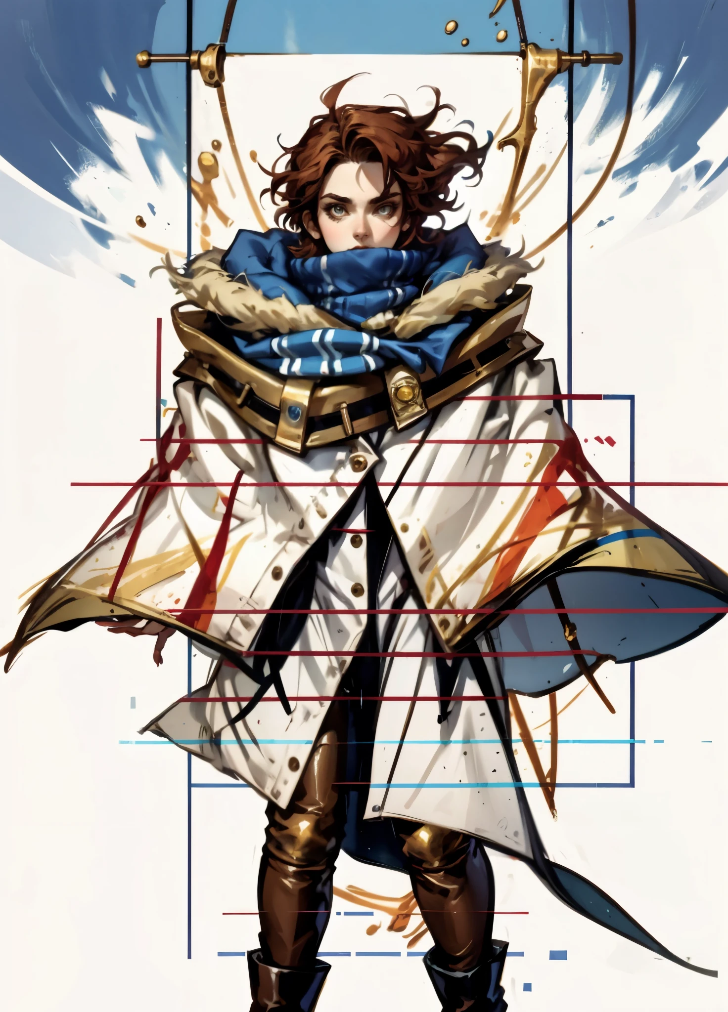 A woman with short reddish-brown hair, a determined gaze, her upper body is enveloped in a heavy cloak with leather accents, the cloak covers the lower half of her face, a tight-fitting long leather trench coat with ethnic-style details at the hem underneath, coarse fabric pants, sturdy knee-high leather boots, the background depicts a fantasy-style western town with swirling yellow sand, this character embodies a finely crafted fantasy western-style female shaman in anime style, exquisite and mature manga art style, high definition, best quality, highres, ultra-detailed, ultra-fine painting, extremely delicate, professional, anatomically correct, symmetrical face, extremely detailed eyes and face, high quality eyes, creativity, RAW photo, UHD, 8k, Natural light, cinematic lighting, masterpiece-anatomy-perfect, masterpiece:1.5