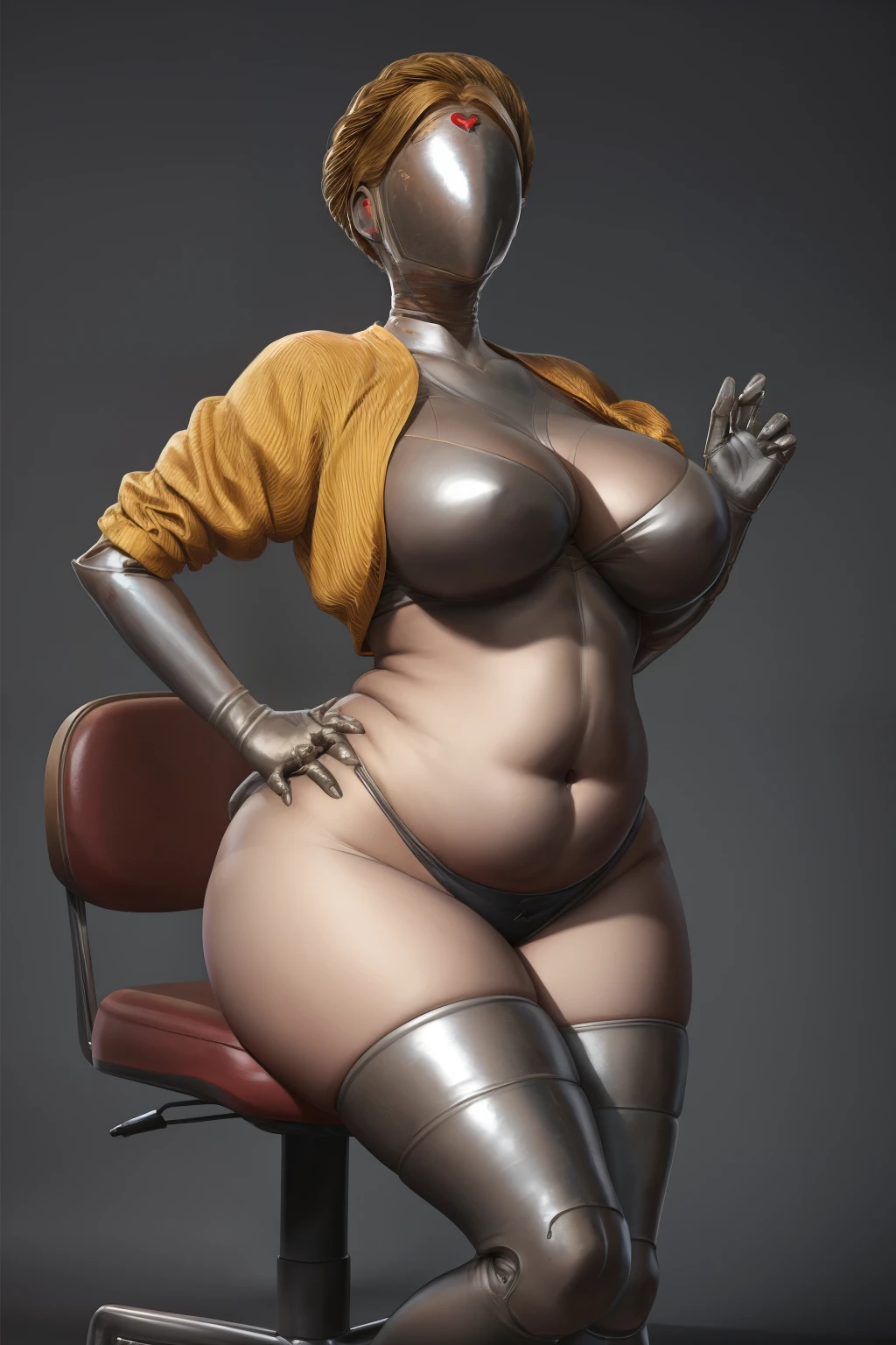 masterpiece, faceless, best quality, photorealistic, girl, Atomic Heart, sexy, arm on belly, soviet star, pose : ( sexy pose, sitting on chair, arm on belly), body : ( very full body, very soft, grey skin, very curvy, chubby, chubby belly, big deep navel, belly bulge, love handles, muffin top, wide hips, thunder thighs,  belly bulge, fat ass )