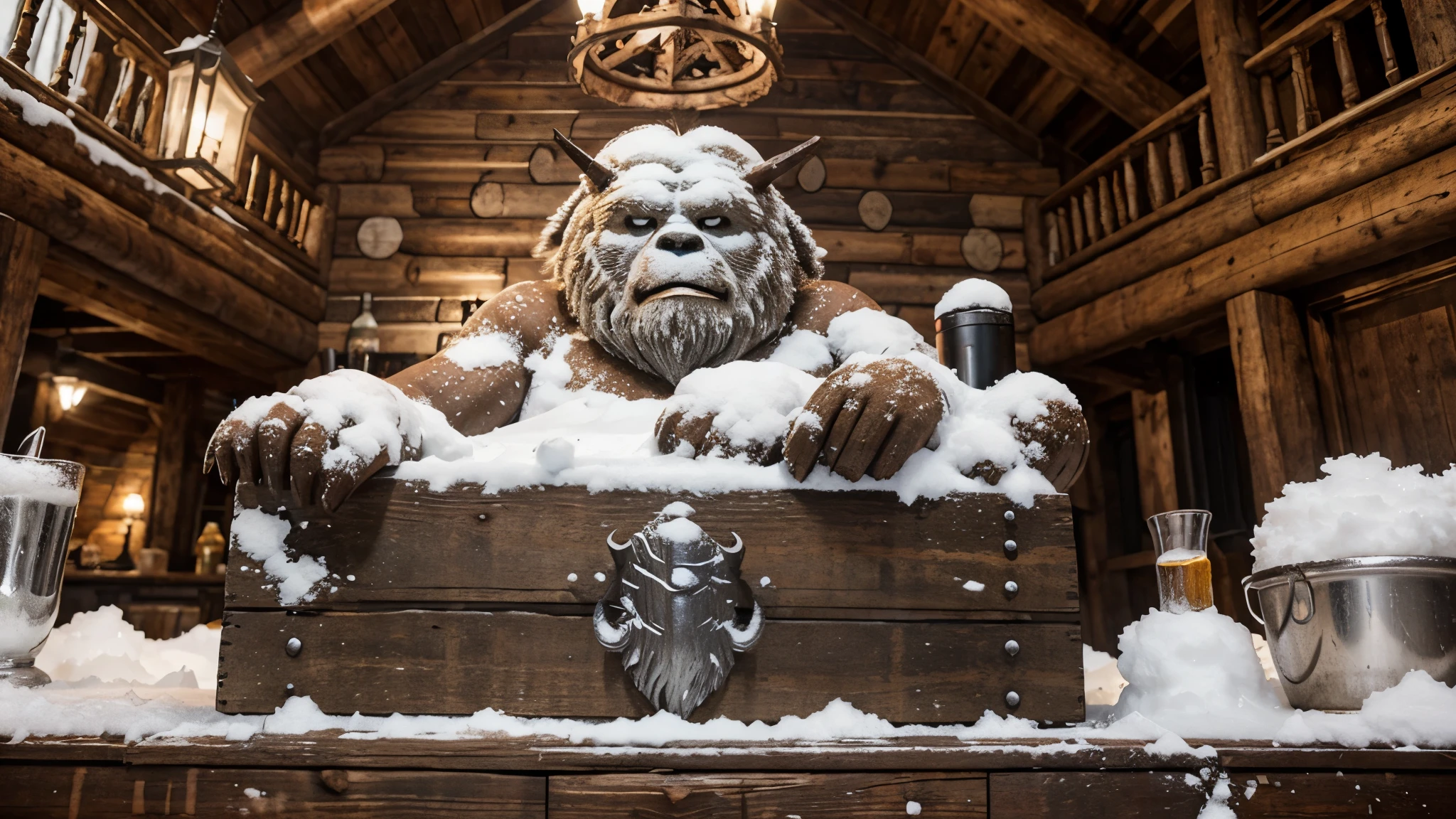 a snow beast (yeti) head trophy in a rustic hunting lodge with a full bar