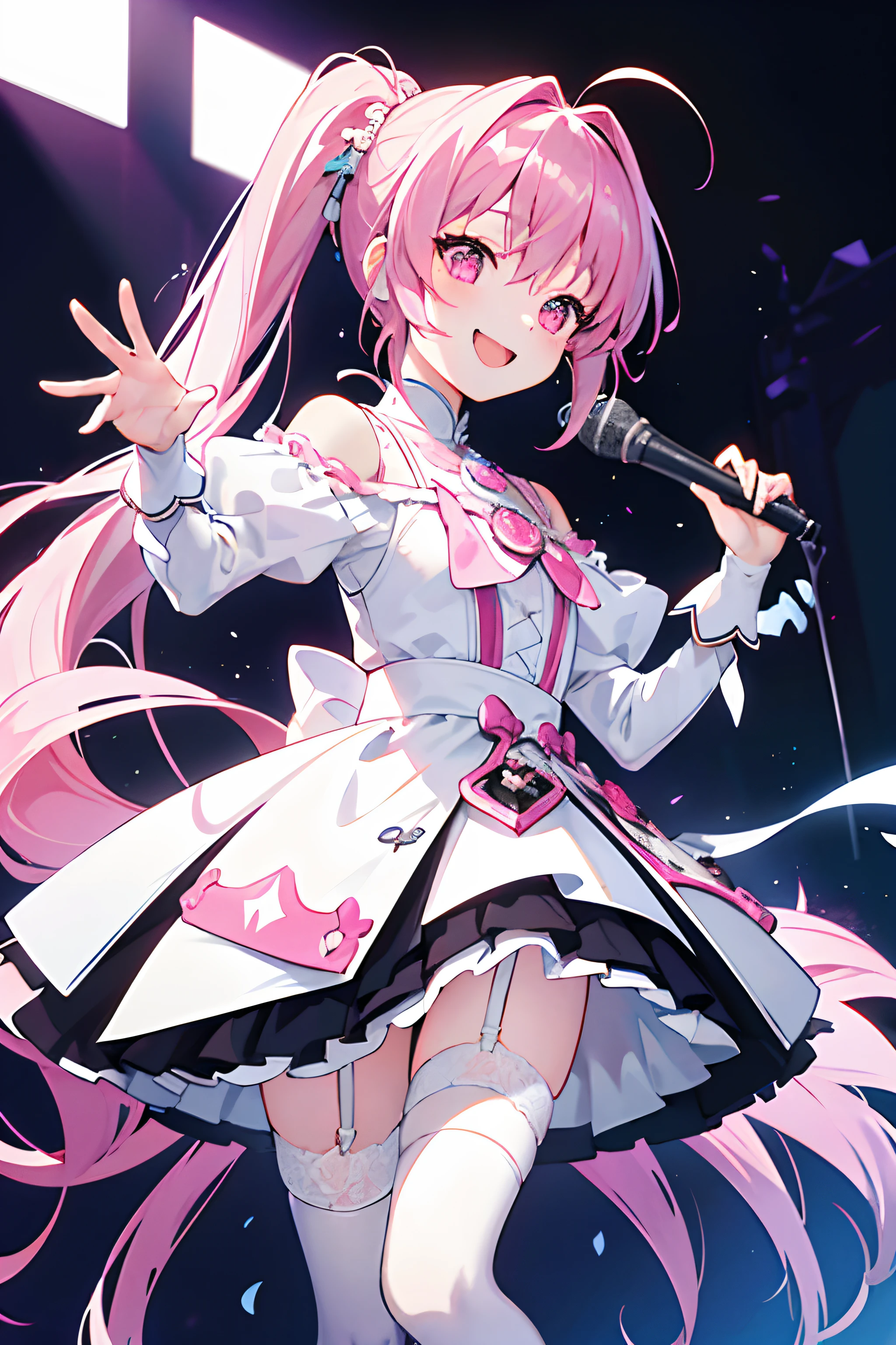 ultra-qualité、chef d&#39;oeuvre、illustration parfaite、Sourire joyeux、(blanc:1.3)(réaliste:1.4)、Détails extrêmes(lumière et ombre exquises、image très dramatique、)coups、1 fille dans、ultra-détaillé、peau luisante、La beauté au petit visage,robe rose、une minijupe､porte-jarretelles、Live House(La main droite est le microphone)、yeux roses、cheveux roses、queue de cheval、Chante la bouche ouverte、entier (corps)