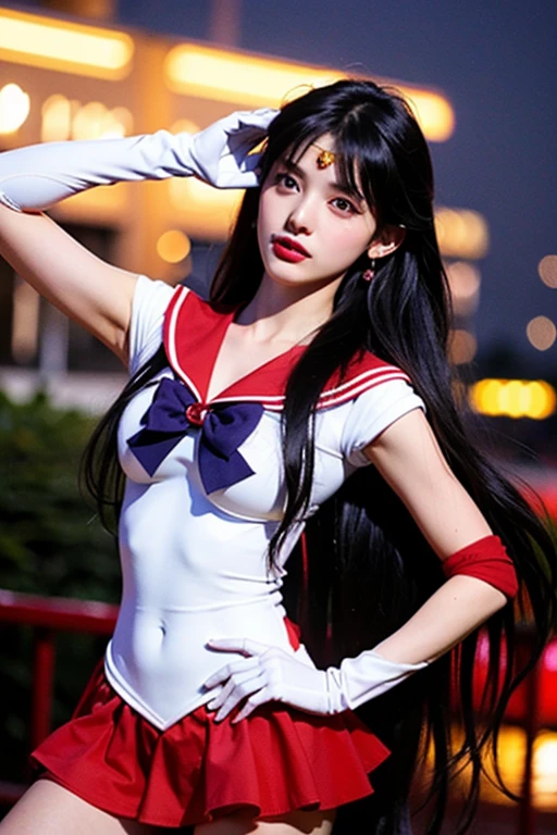 1 girl,long hair, (high quality,8K,black hair, realistic, 最high quality,masterpiece,Super detailed, disorganized)1.5,((SAMA1, tiara, Sailor Senshi Uniform, white gloves, Red sailor collar, red skirt)),City of night,white gloves,purple ribbon,purple eye, (magical world,fire),high heels,