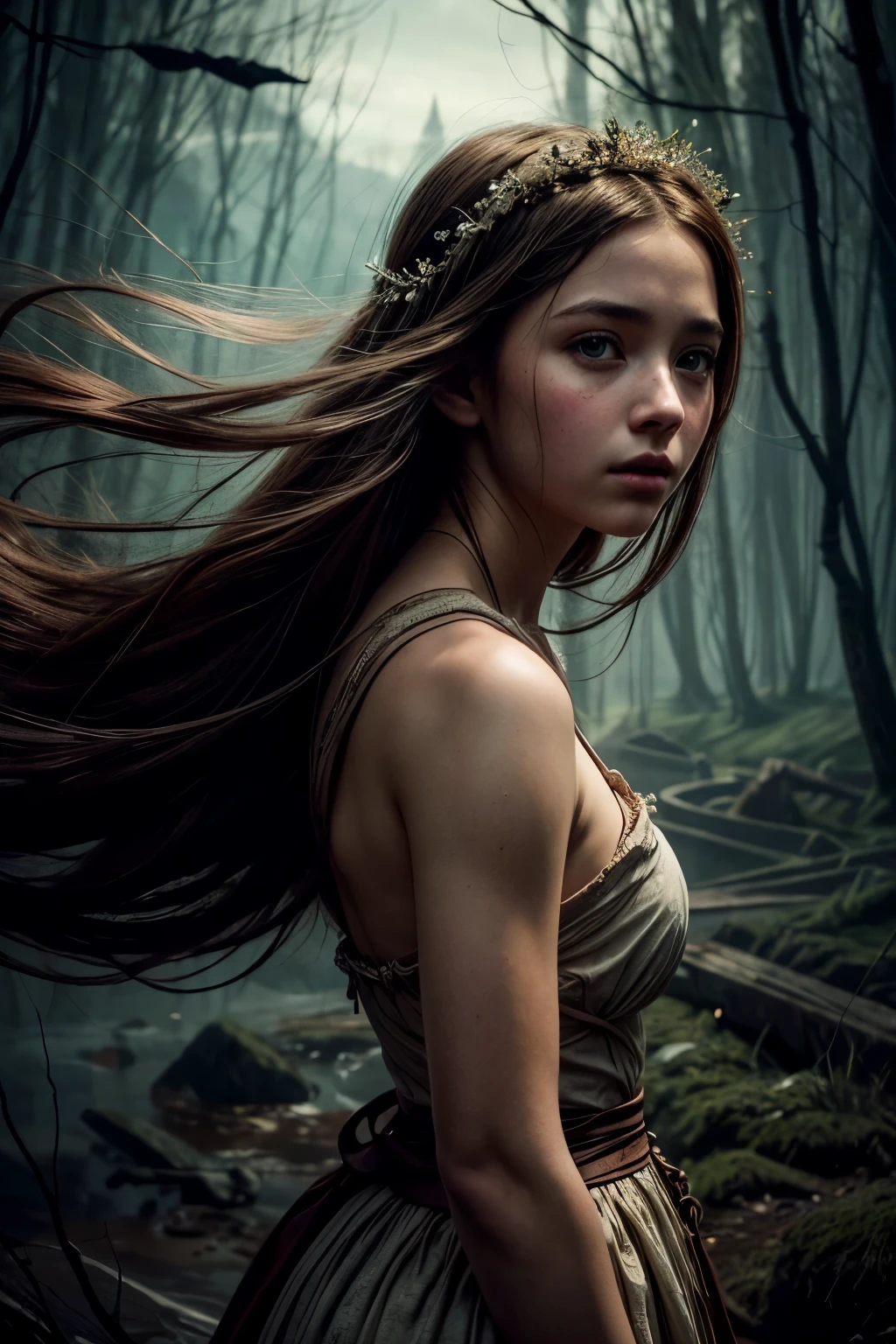 A beautifully tragic scene unfolds as a peasant girl gracefully navigates through a solemn landscape strewn with the lifeless bodies of noble knights. The image, perhaps a sorrowful painting, captures the delicate balance between beauty and sorrow. Each step she takes is filled with ethereal grace, her flowing gown contrasting against the darkened earth. The girl's youthful visage, untouched by the horrors surrounding her, shines like a beacon of hope amidst a sea of despair. With exquisite attention to detail, the intricate brushwork brings life to her radiant features and the fallen warriors' armor. This mesmerizing artwork conveys the fragile juxtaposition of innocence and mortality, leaving viewers captivated by its profound storytelling.