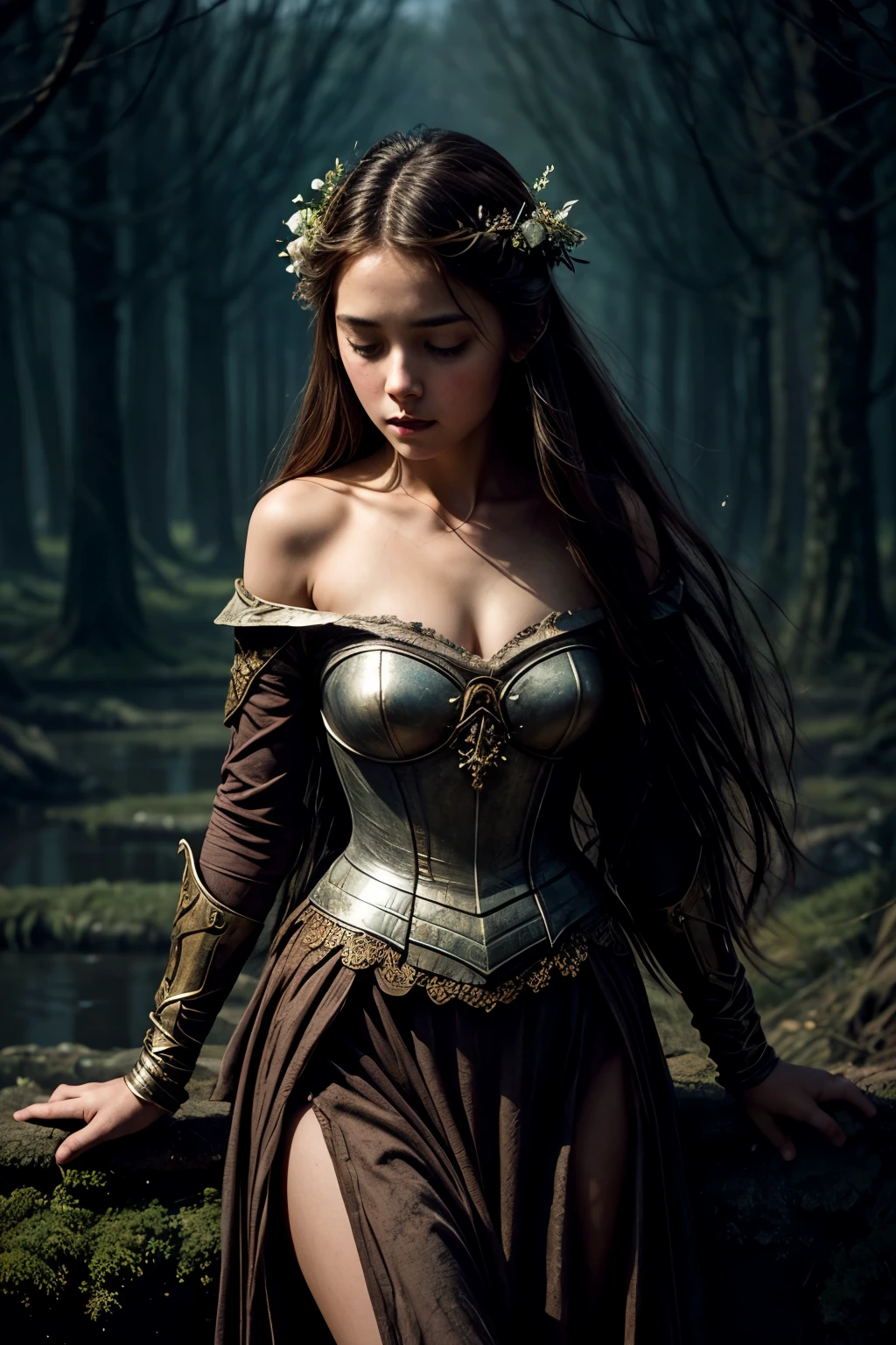 A beautifully tragic scene unfolds as a peasant girl gracefully navigates through a solemn landscape strewn with the lifeless bodies of noble knights. The image, perhaps a sorrowful painting, captures the delicate balance between beauty and sorrow. Each step she takes is filled with ethereal grace, her flowing gown contrasting against the darkened earth. The girl's youthful visage, untouched by the horrors surrounding her, shines like a beacon of hope amidst a sea of despair. With exquisite attention to detail, the intricate brushwork brings life to her radiant features and the fallen warriors' armor. This mesmerizing artwork conveys the fragile juxtaposition of innocence and mortality, leaving viewers captivated by its profound storytelling.