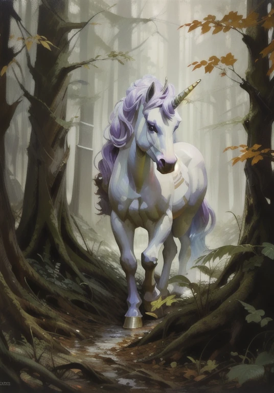 Unicorn on the woods, magic ambience, uhd, incredible illustration, amazing forest, oil painting, impasto, non human
