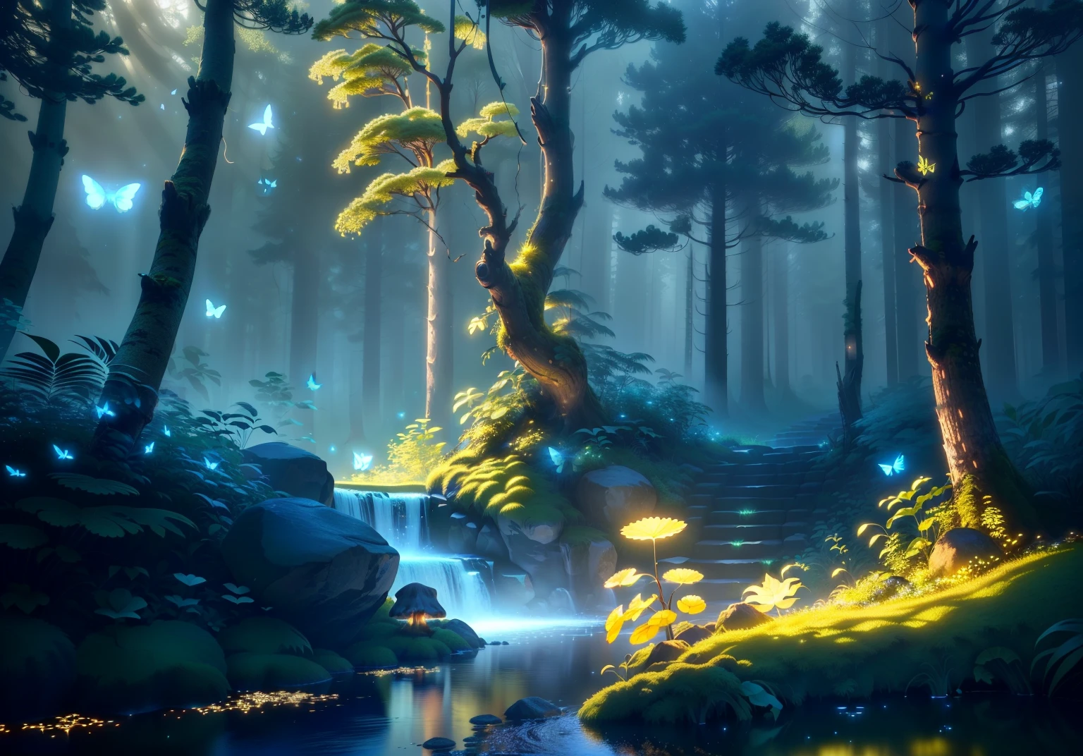 Masterpiece, best quality, (very detailed CG unity 8k wallpapers), (best quality), (best illustrations), (best shadows), forest theme with natural elements. Tall trees, quiet streams, glowing little mushrooms, surrounded by delicate leaves and branches, with fireflies and glowing particle effects,, (natural elements), (jungle theme), (leaves), (branches), ( fireflies), butterflies, (delicate leaves), (glow), (particle effects). , isometric 3D, Octane rendering, ray tracing, super detailed