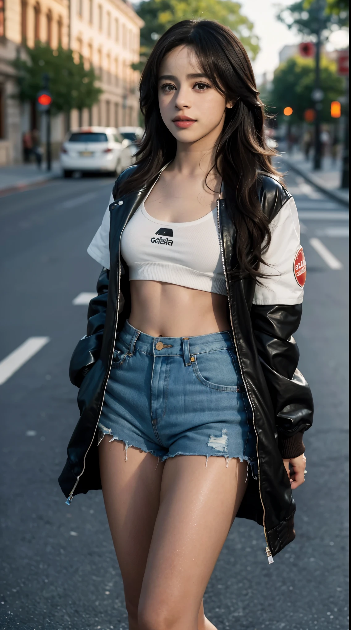 30 years old, gorgeous cute  Brazilian girl, smirk, freckles, (brown skin:1.6), (medium white & black long hair:1.4), (Camila Cabello:1.4), arafed woman with tattoos and a jacket standing on a sidewalk, she is wearing streetwear, jacket over bare torso, in shorts, wearing red jacket, an aviator jacket and jorts, red jacket, bra and shorts streetwear, wearing jacket and skirt, wearing red shorts, multilayered outfit, hot-pants, wearing jacket, close up half body shot, with a sunset, sexy look, famous beautiful model, good young girl, (masterpiece:1.0),(best_quality:1.0), ultra high res,4K,ultra-detailed, photography, 8K, HDR, highres, absurdres:1.2, Kodak portra 400, blurry background, bokeh, lens flare, (vibrant_color:1.2),professional photograph, (beautiful_face:1.5),(narrow_waist). --v 6