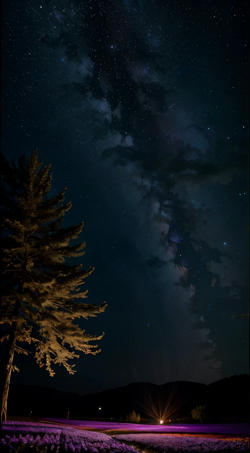 Best picture quality，Expansive landscape photograph，（View from below with a view of the sky and the wilderness below），The  stood in the flower field and looked up，（moon full：1.2），（meteors：0.9），（Starcloud：1.3），Far Mountain，Tree BREAK Production Art，（Warm light source：1.2），（glowworm：1.2），lamp lights，Purple and orange，Complicated details，Volumetric lighting BREAK（tmasterpiece：1.2）， （HighestQuali），4K，ultra-delicate，（Dynamic configuration：1.4），Highly detailed and colorful details（Irridescent color：1.2），（Sparkling lighting，Atmospheric lighting），dream magical，magical，（独奏：1.2）