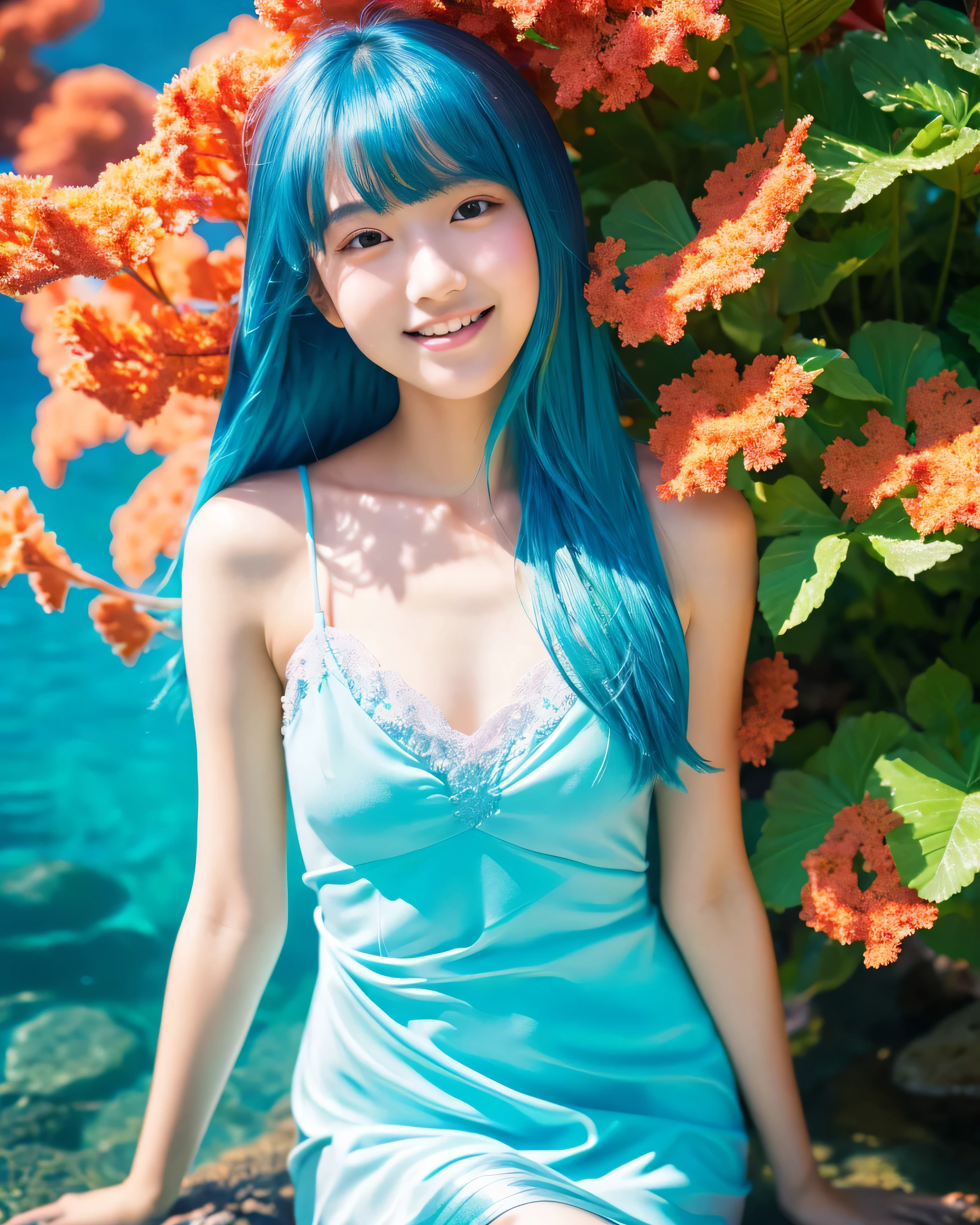 （ultra high resolution）(super vivid)　beautiful japanese girl　17 years old　（Standing at the bottom of the clear blue sea:1.5）（whole body:1.３）(Shiny light blue hair:1.2)　Beautiful straight long hair　fine hair that is messy　Asymmetrical bangs　big magical eyes　Moist brown eyes　pale pink lips　smooth soft skin　shiny face　bright makeup　gentle smile　Dark blue dress　off shoulder　intricately flowing miniskirt　Detailed and perfect clavicle　Beautiful chest in high resolution　Detailed and beautiful legs　tropical coral reef　tropical fish　professional lighting