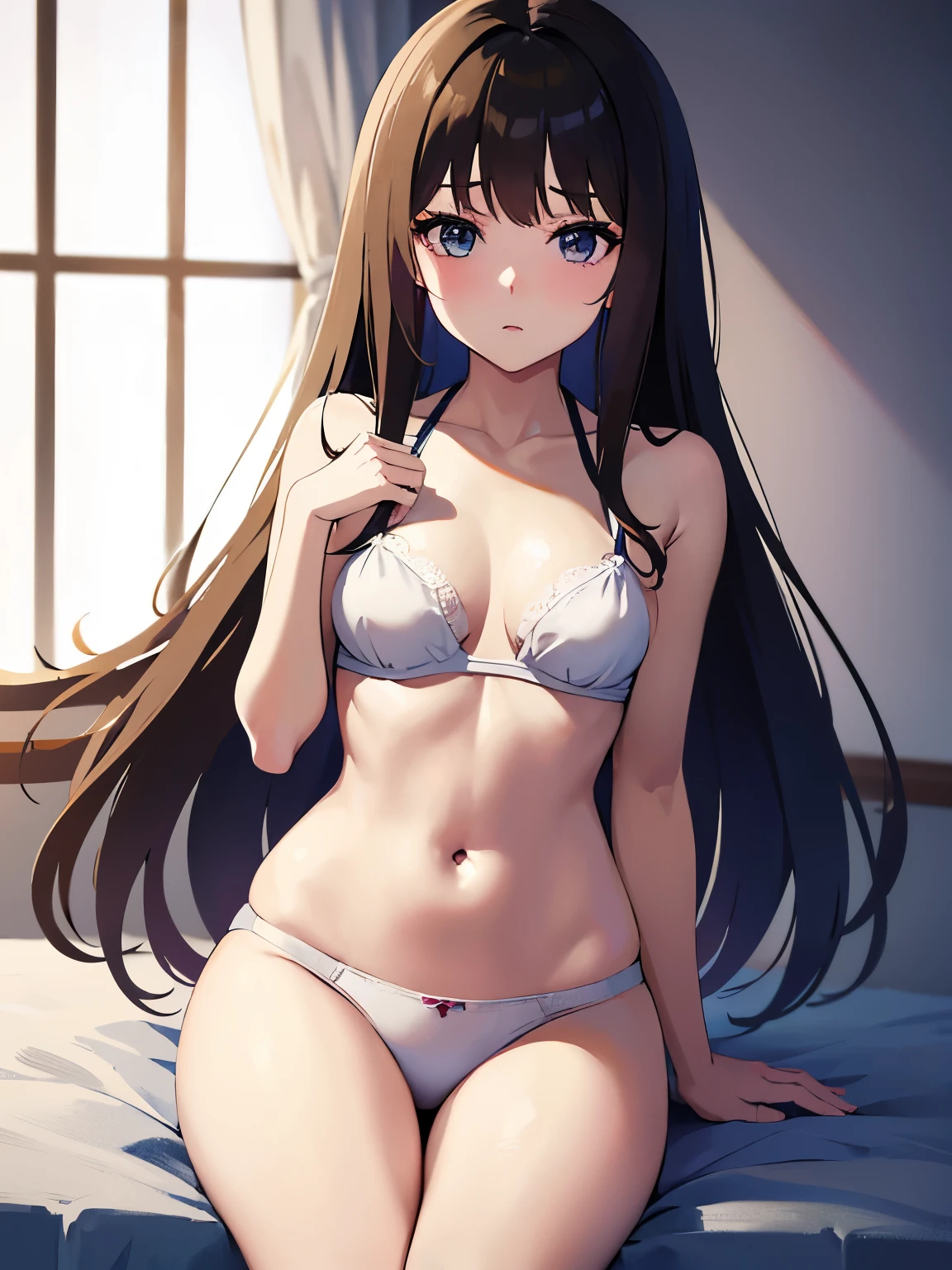 anime - style image of a woman in a white bra top and panties, seductive anime girl, marin kitagawa fanart, makoto shinka, rin, small curvy , anime best girl, sexy pose, smooth anime cg art, asuka suit under clothes!, cushart krenz key art feminine, ayaka genshin impact, zerochan art