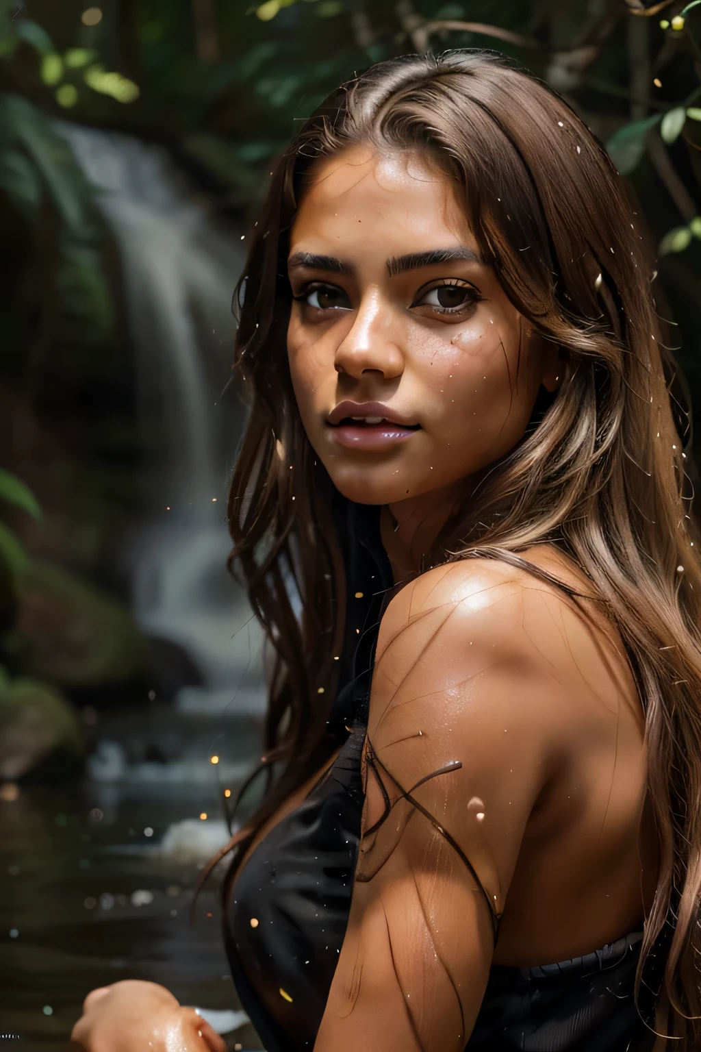 18 years old brazilian beautiful age model, wavy brown hair with blonde highlights, deep brown eyes, near waterfall, tanned textured skin, black shirt, (8k, RAW photo, best quality, masterpiece: 1.3), (realistic, photorealistic: 2), ultra detailed, (high detail skin: 1.2), 8k uhd, DSLR, soft lighting, high quality, film grain, Fujifilm XT3, Professional lighting ) (realistic) (blur)