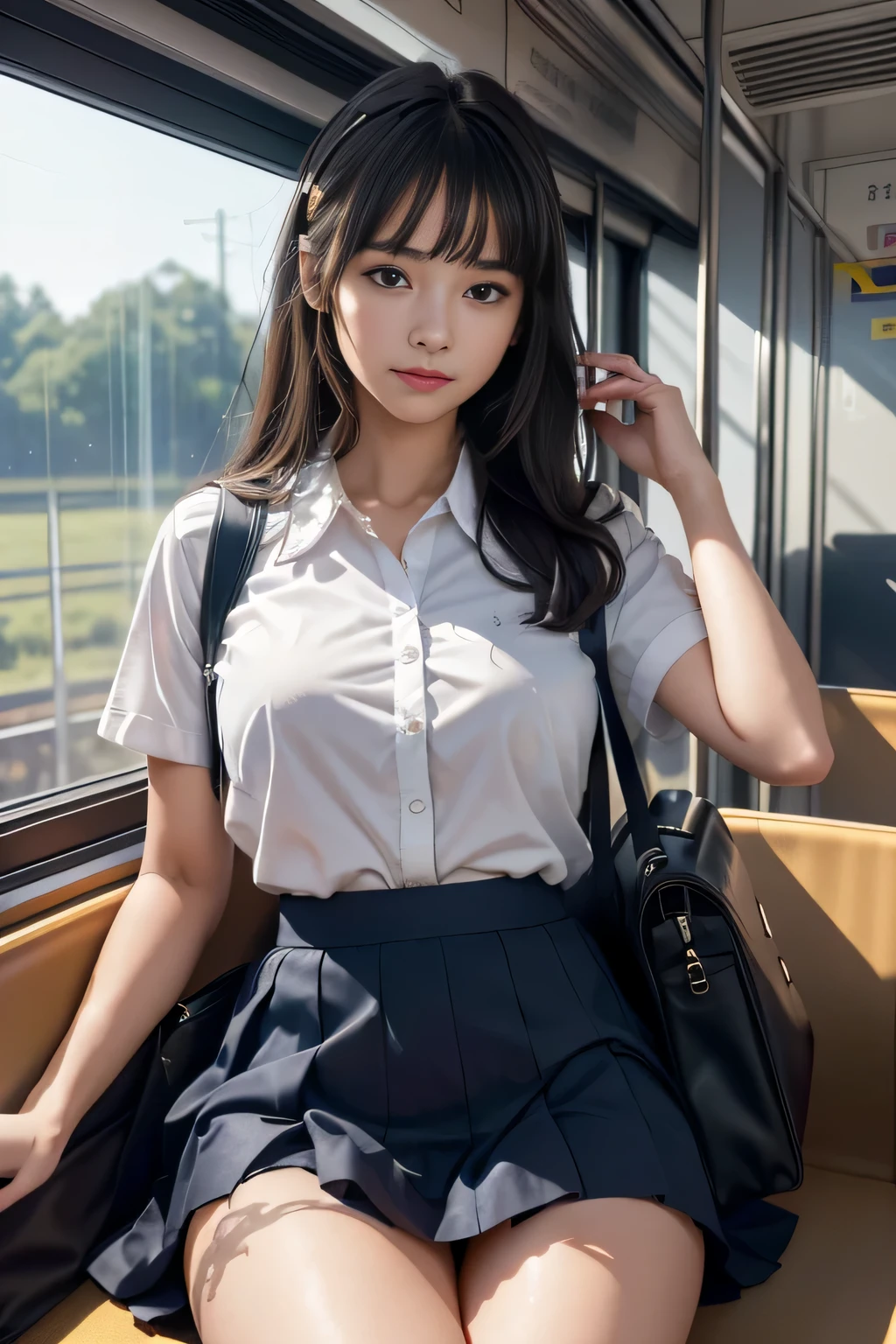 (realistic:1.3), face with shadow, Depth of the bounds written, school uniform, 
beautiful detailed illustrations,great art,(((very detailed))),
One girl sitting,bangs,high school girl,sleep,closed my eyes,white panties,skirt,
cowboy shot,From before
,(((very detailed))),in the train, a young woman is sleep contentedly. Through the gap between her legs and skirt, I can see her panties. The vehicle is shaking, Her calm expression and calm breathing are、It creates a peaceful atmosphere
,(((very detailed)))